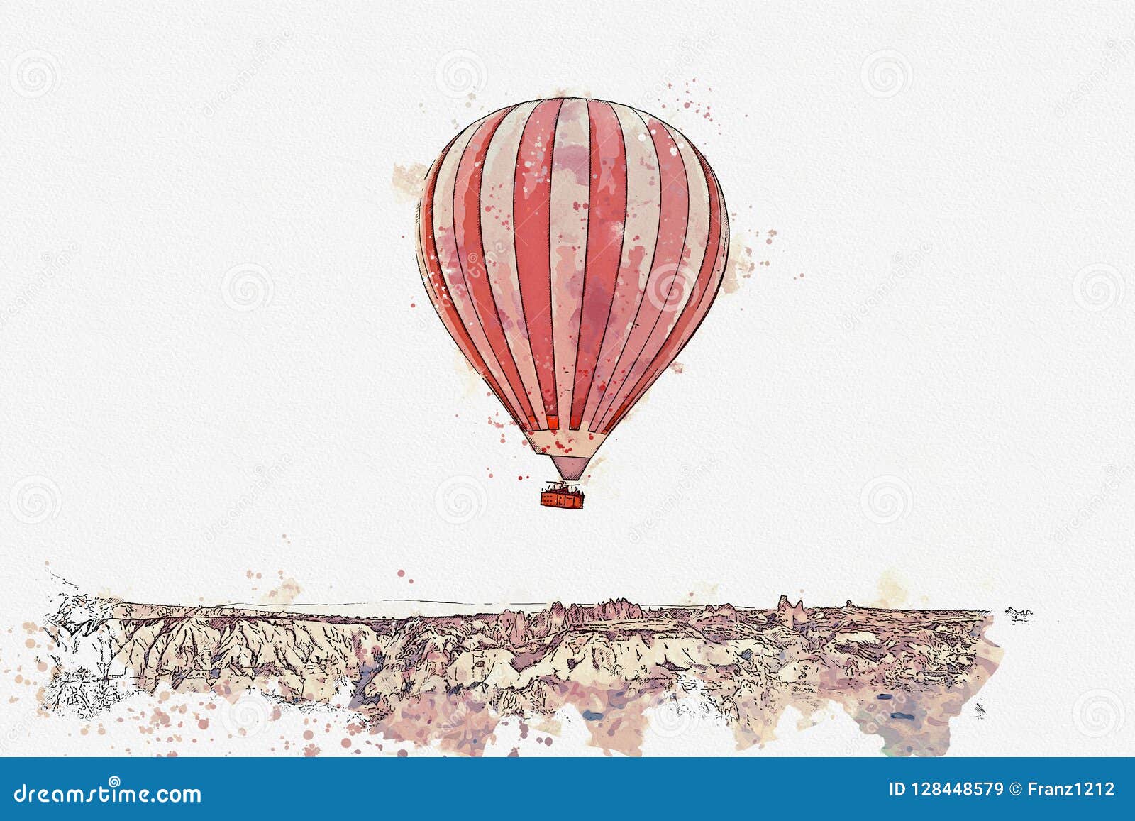 a watercolor sketch or . hot air balloon in the sky in kapadokia in turkey.