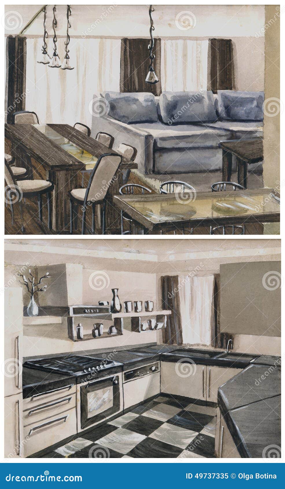 Watercolor Sketch of Interior Stock Illustration Illustration of