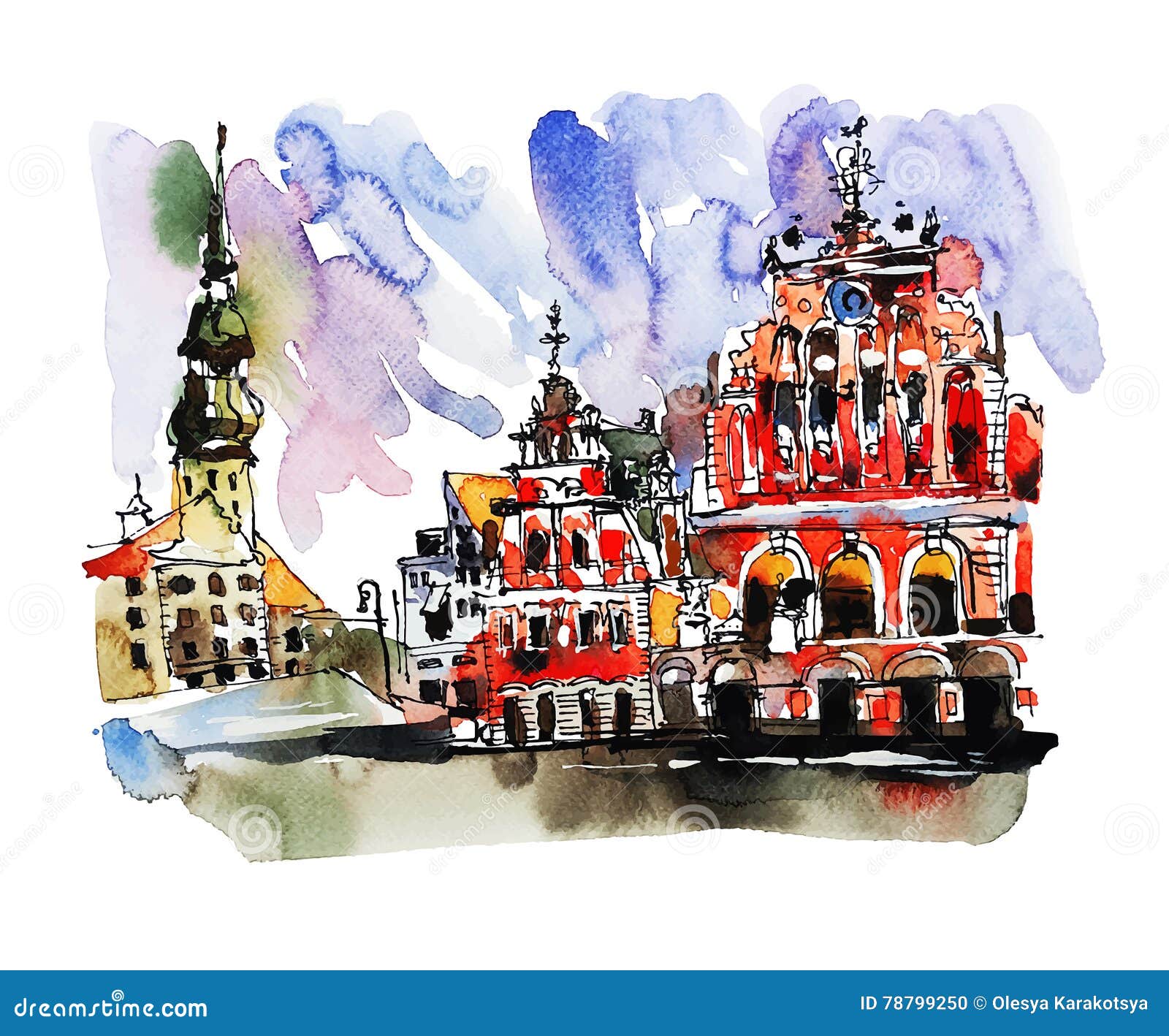 watercolor sketch painting of old town riga latvia top view city