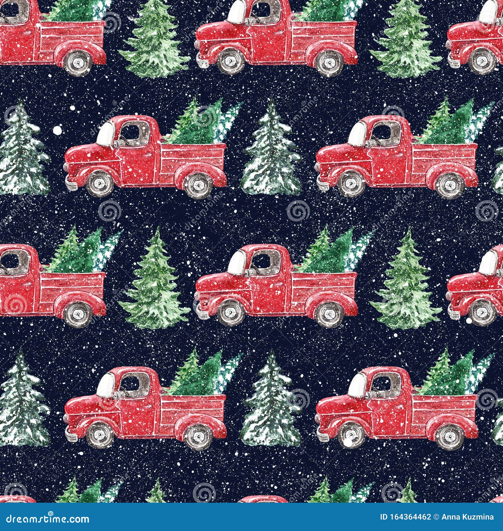 Watercolor Snowy Red Truck with Pine Trees Seamless Pattern Winter  Christmas Night with Falling Snow and Vintage Car Stock Illustration   Illustration of wallpaper blue 164364462