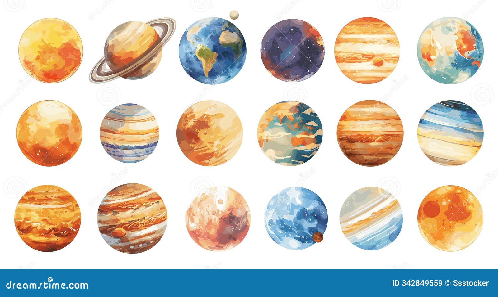 watercolor solar system planets set. mercury venus earth mars jupiter saturn uran neptun, hand drawn space 