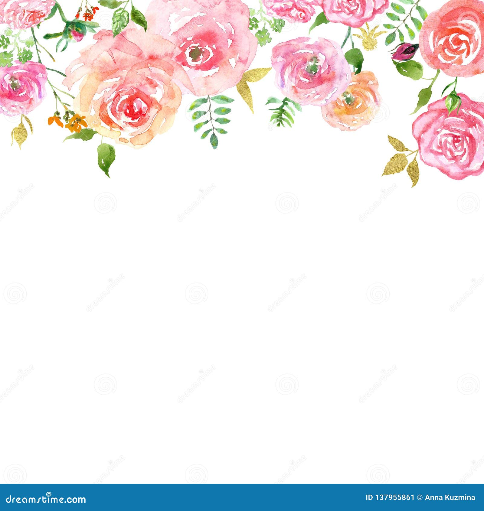 watercolor spring floral header with hand painted blush pink roses and gold leaves on white background.