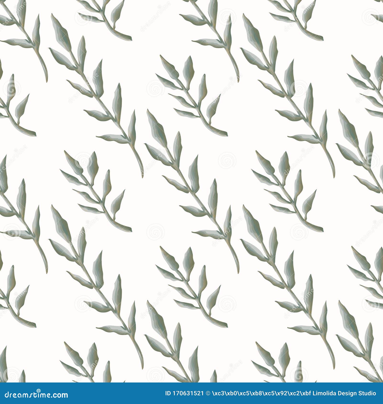Watercolor Stem Leaf Motif Background. Seamless Pattern Sage Green on