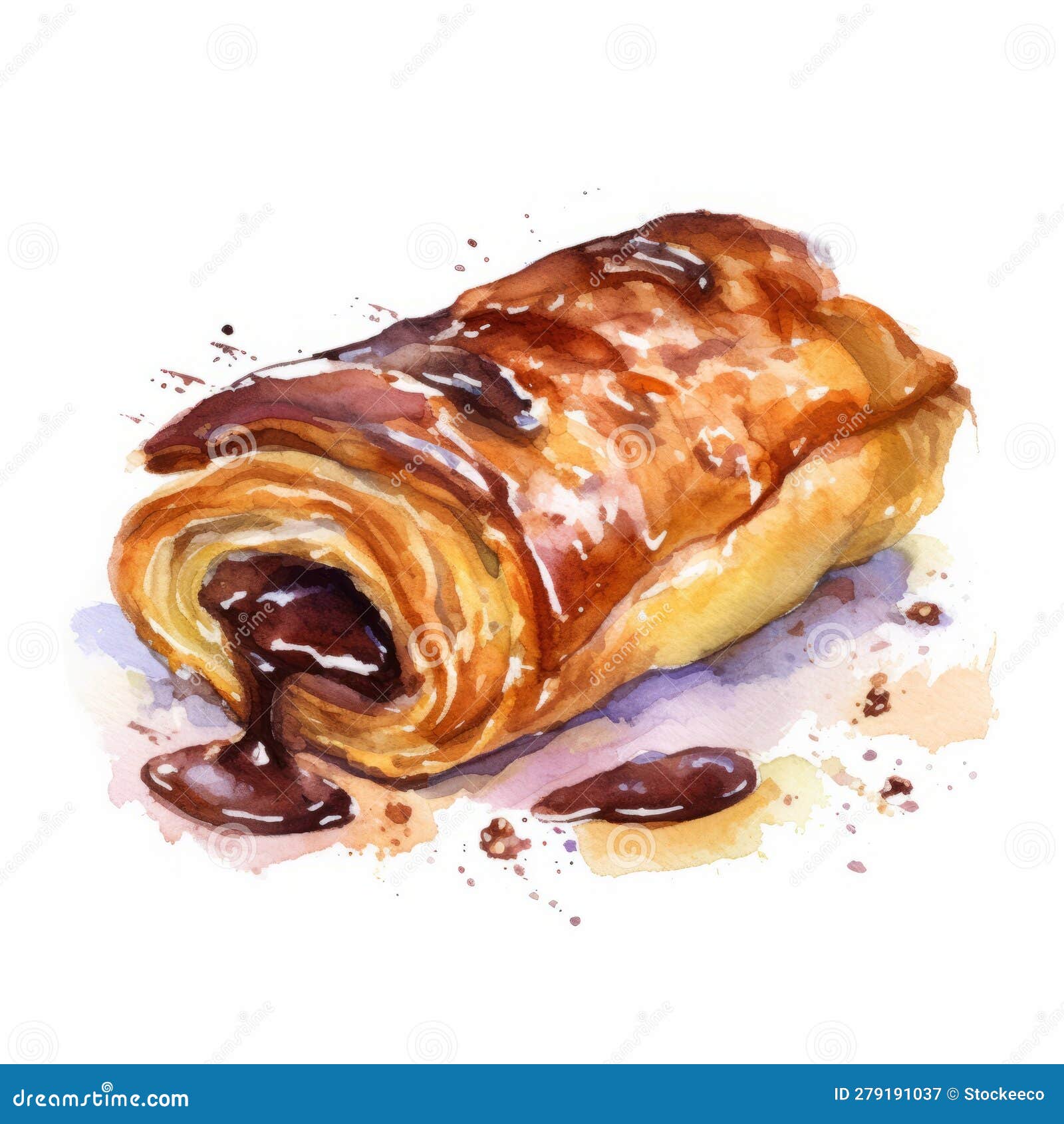 Watercolor Strudel with Chocolate Glaze Stock Illustration ...