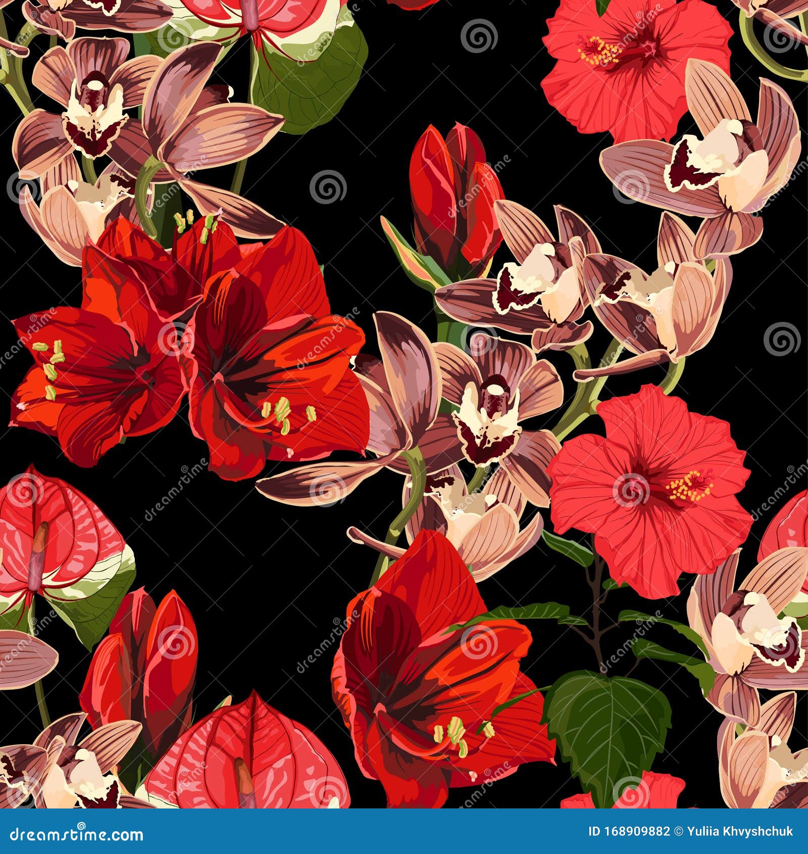 watercolor style red exotic flowers and brown orchid flowers seamless pattern.