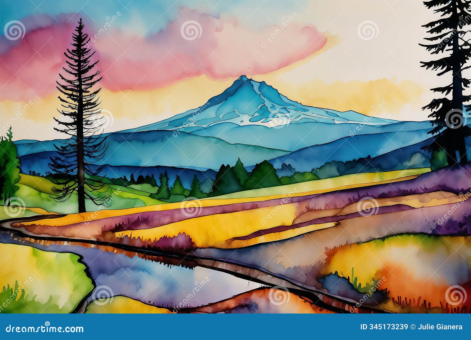 watercolor stylized landscape image of mt hood, oregon