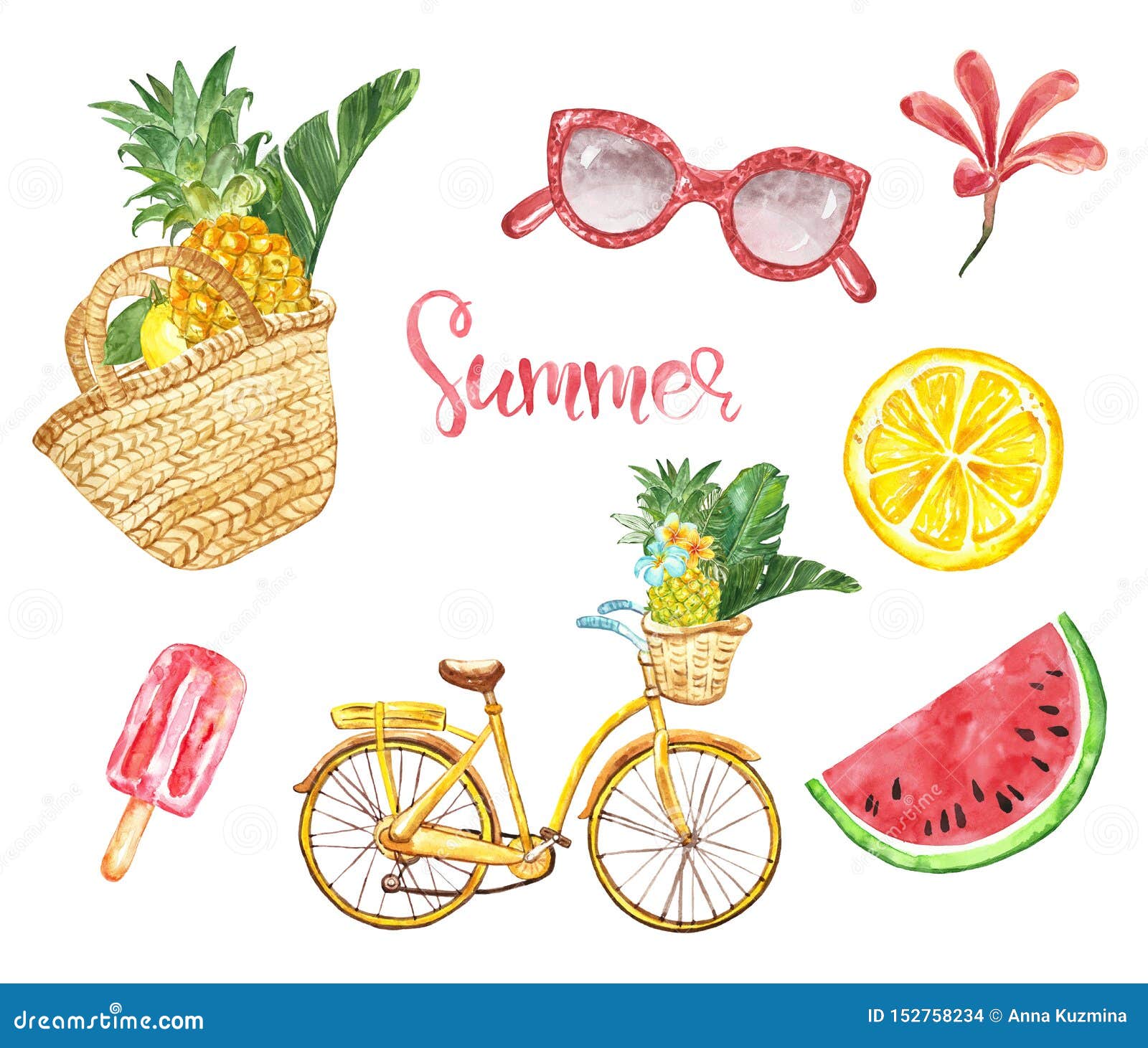 watercolor summer s set. straw bag, pineapple, bicycle, berry popsicle, tropical leaves, watermelon, lemon