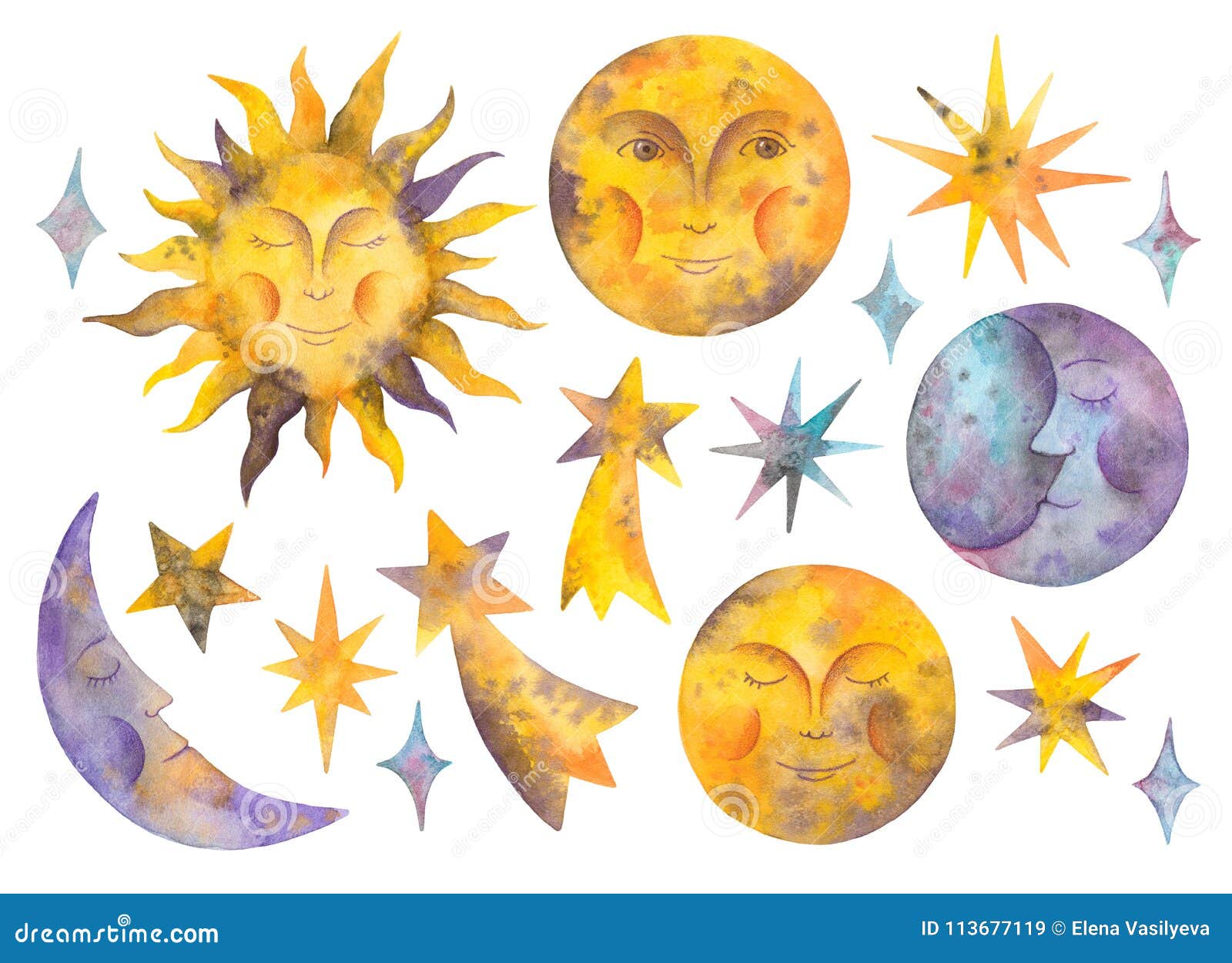 watercolor sun, moon, stars and celestial bodies