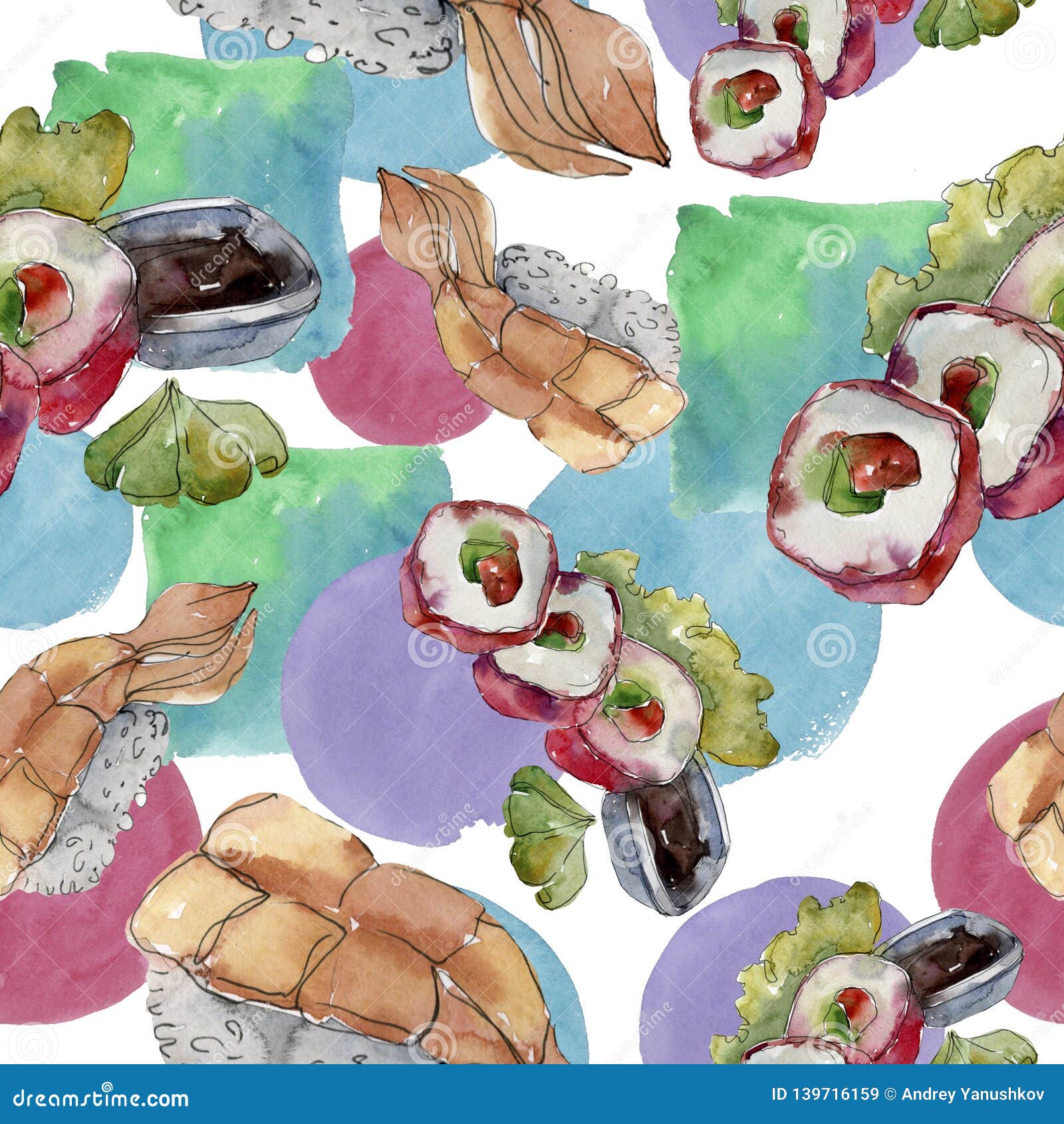 Watercolor Sushi Set of Beautiful Tasty Japanese Sushi Illustration ...