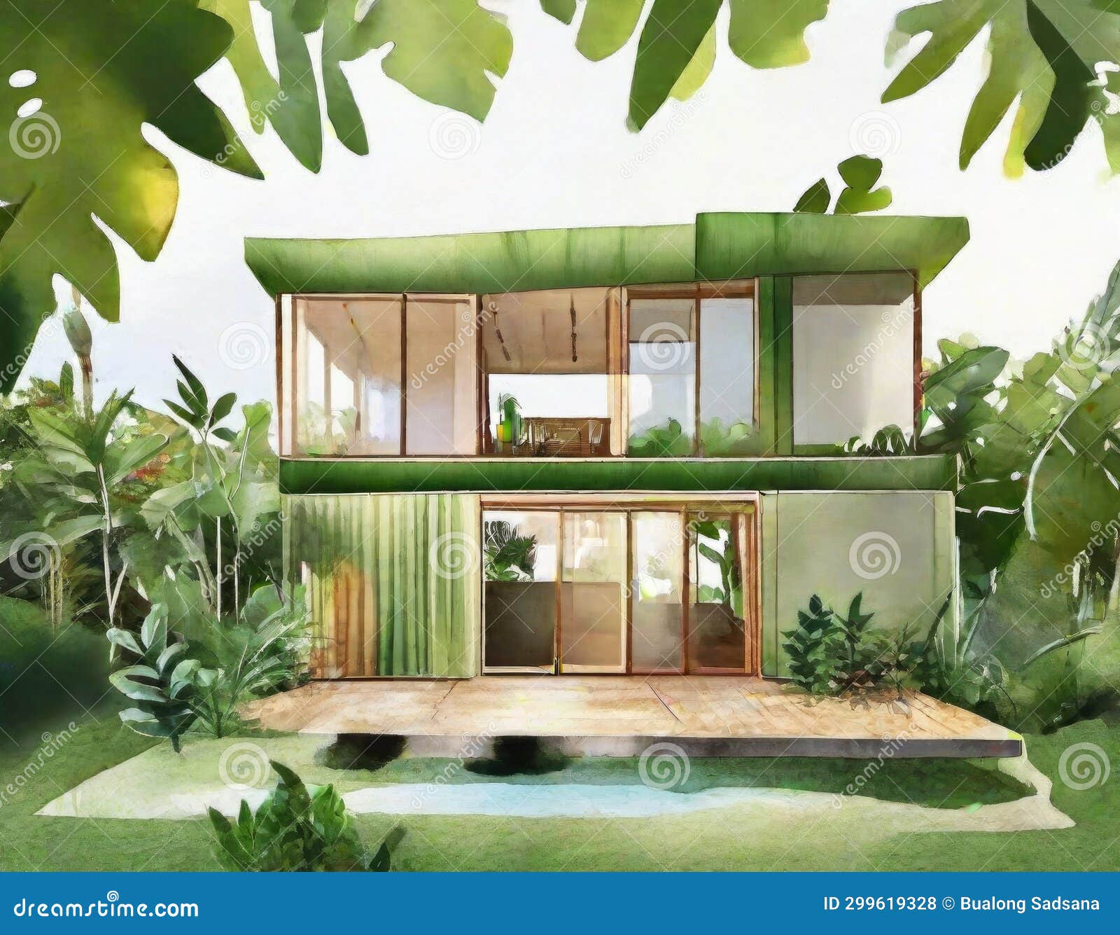 watercolor of  of sustainable and container box repurposed as a modern house or with a background of tropical