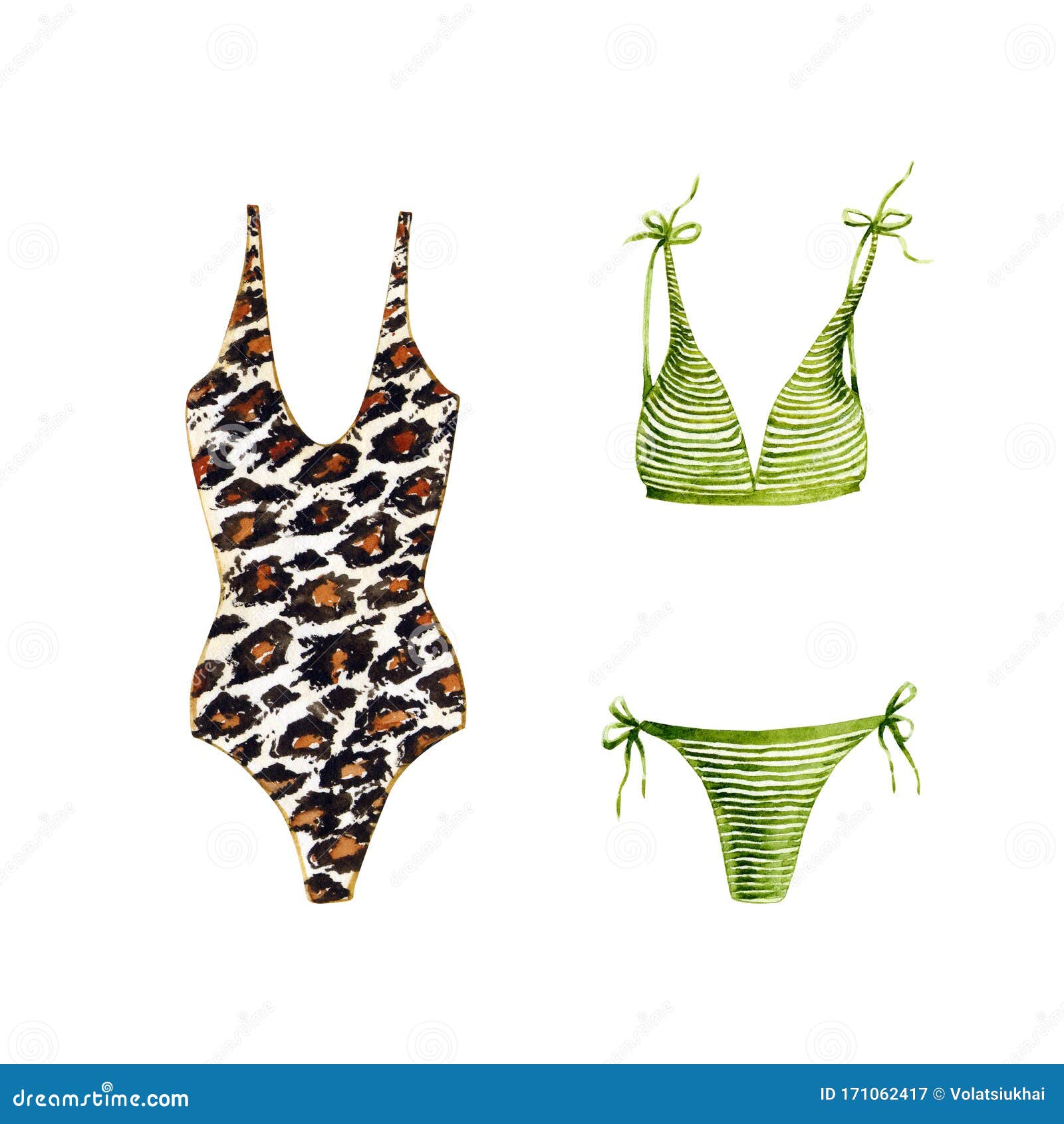 Watercolor Swimsuits. Summer Vacation Items Isolated on White. Greenery ...