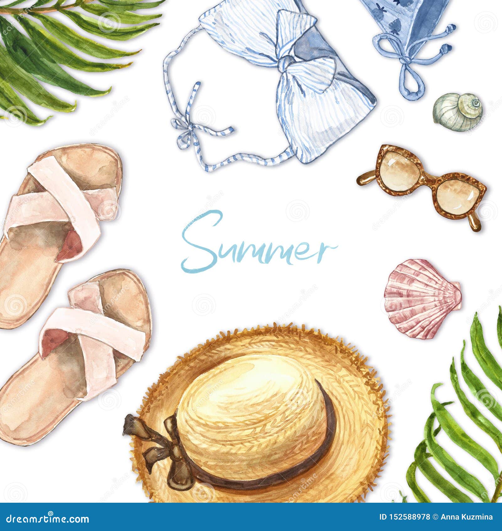 Watercolor Summer Flat Lay Illustration on White Background. Hand ...
