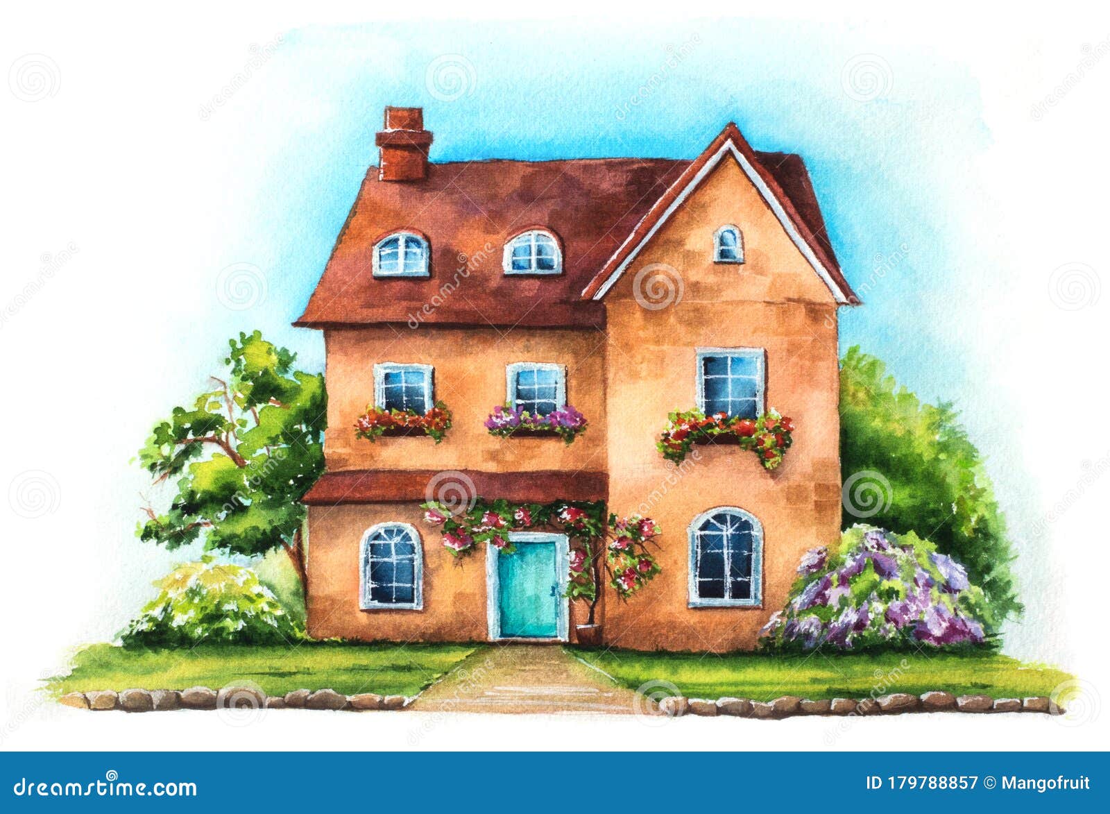 watercolor traditional english house on an green lawn  on white background