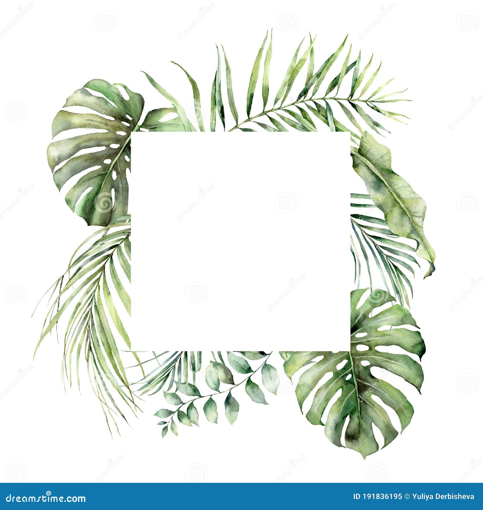 Watercolor Tropical Border with Monstera, Coconut and Eucalyptus Leaves ...