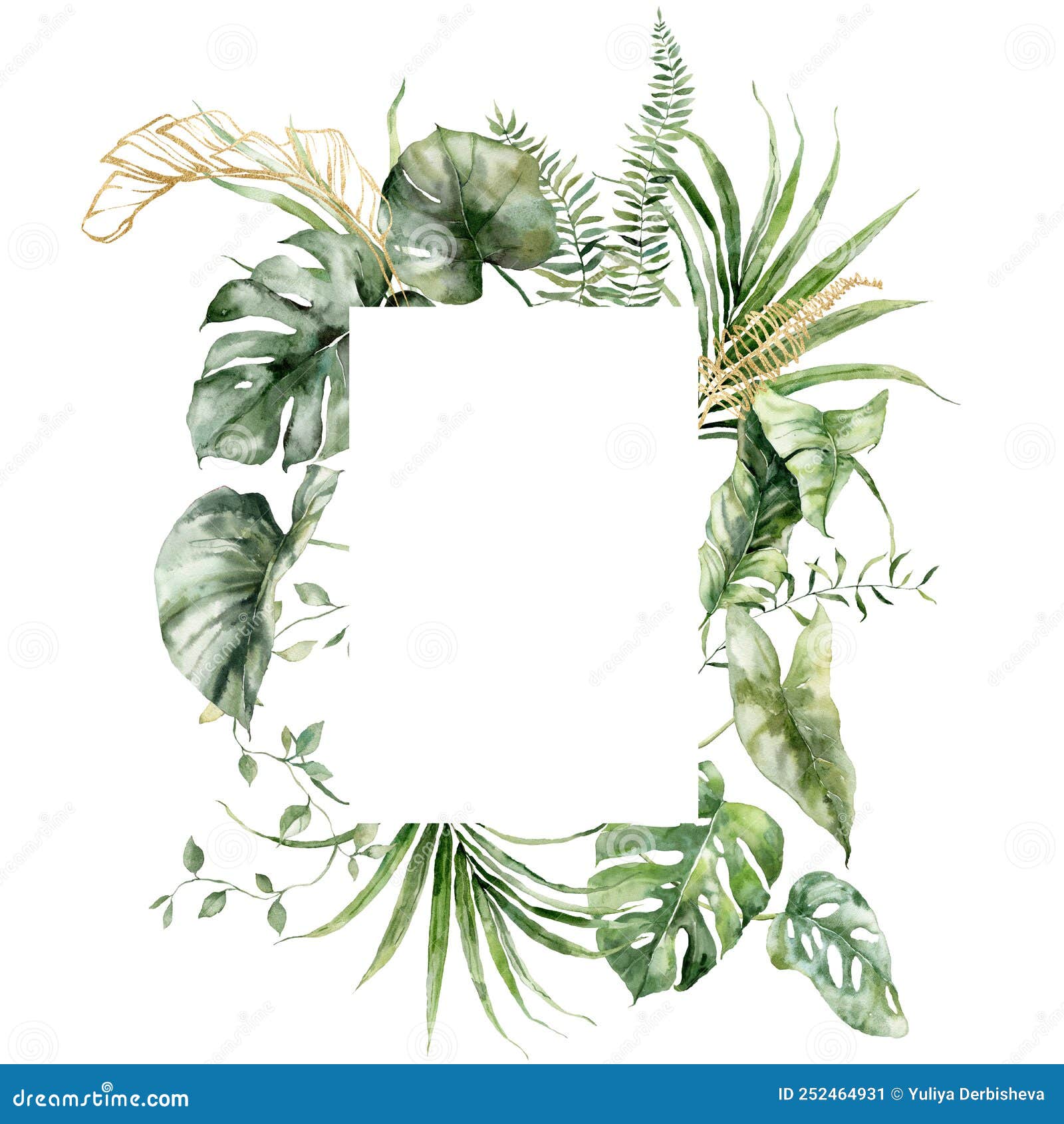 Watercolor Tropical Flowers Frame of Linear Banana, Gold Monstera and ...