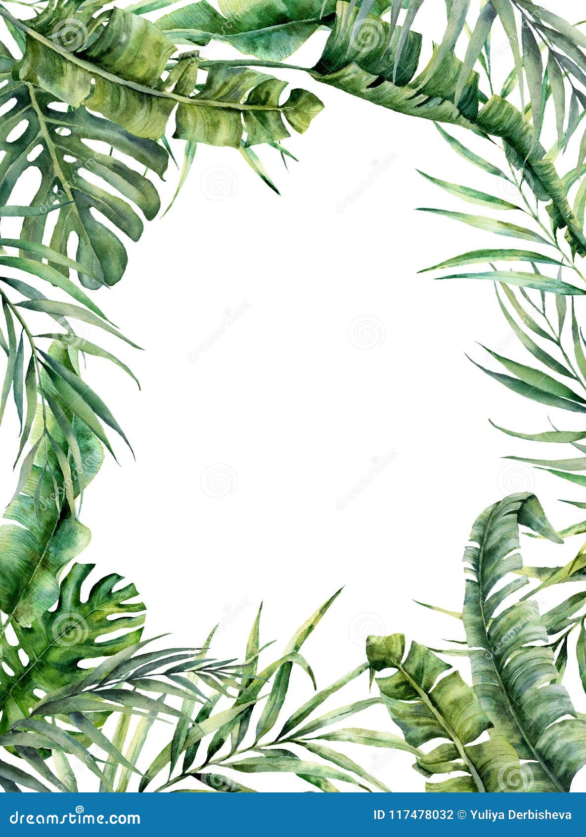 watercolor tropical frame with exotic leaves. hand painted floral  with banana, coconut and monstera branch