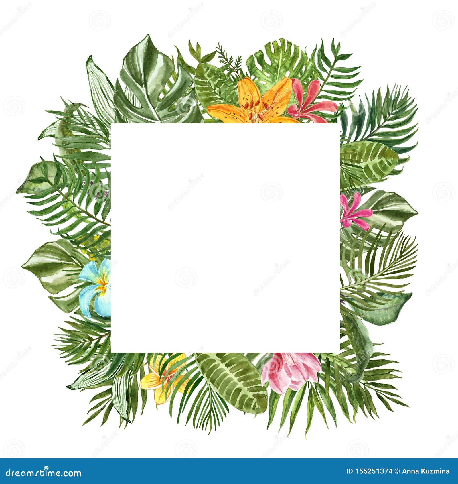 Watercolor Tropical Leaves Square Banner with Space for Text, Isolated ...