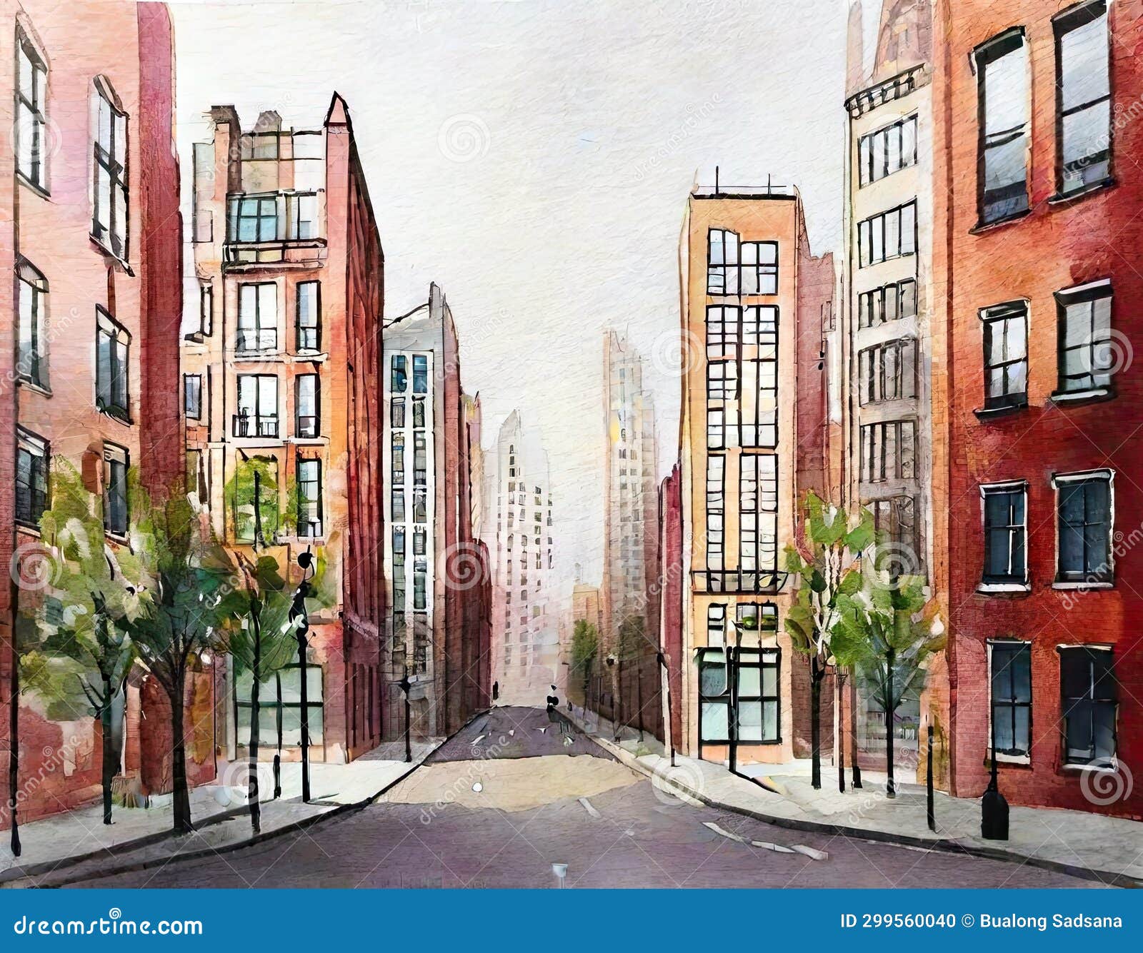 Watercolor of Urban Landscape with Stock Illustration Illustration of