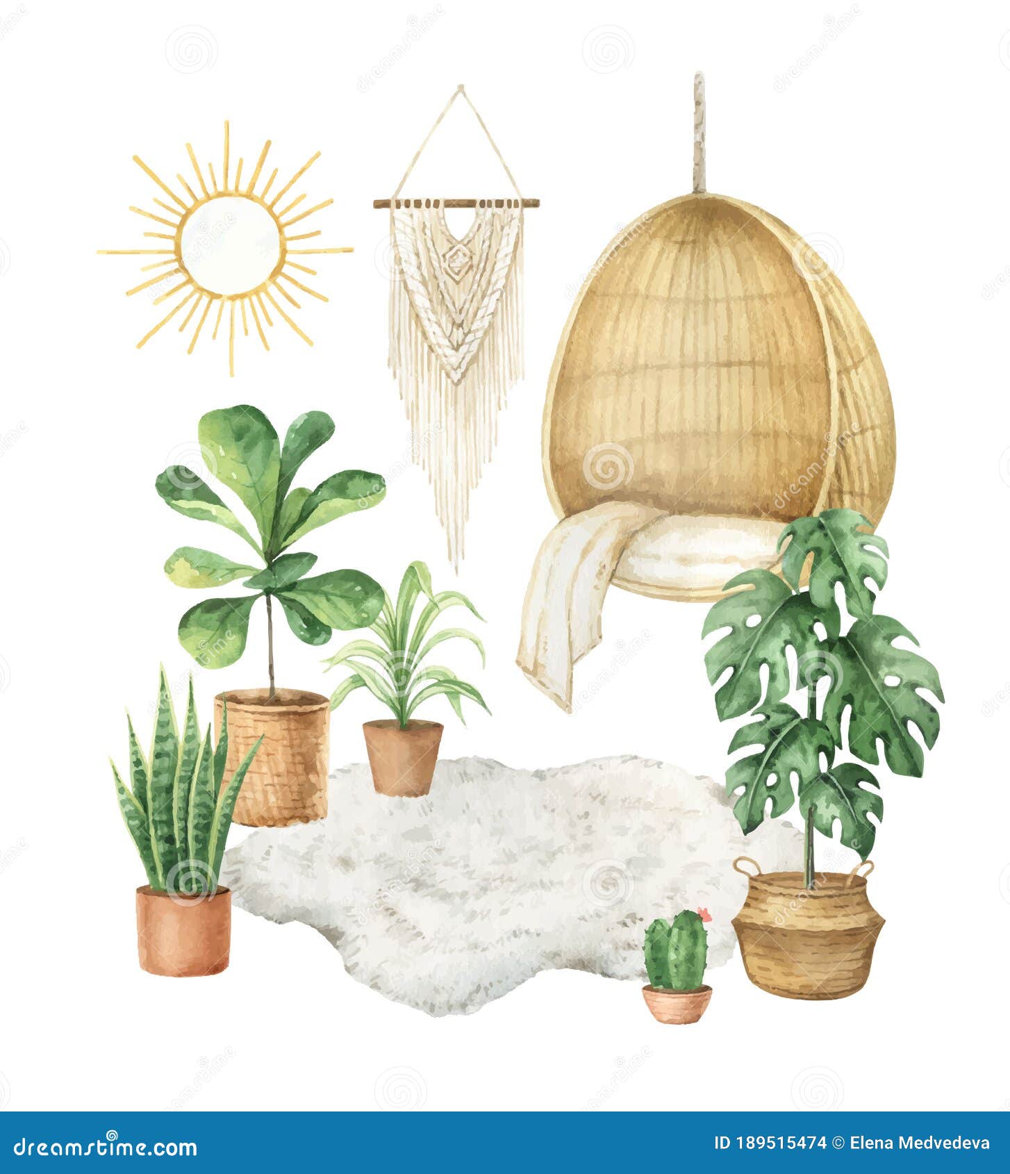 Watercolor Vector Aesthetic Room Decor and Indoor Plants. Stock ...