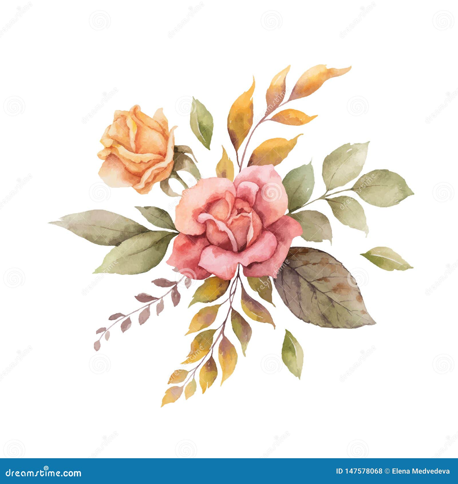 Download Watercolor Vector Autumn Arrangement With Roses And Leaves ...