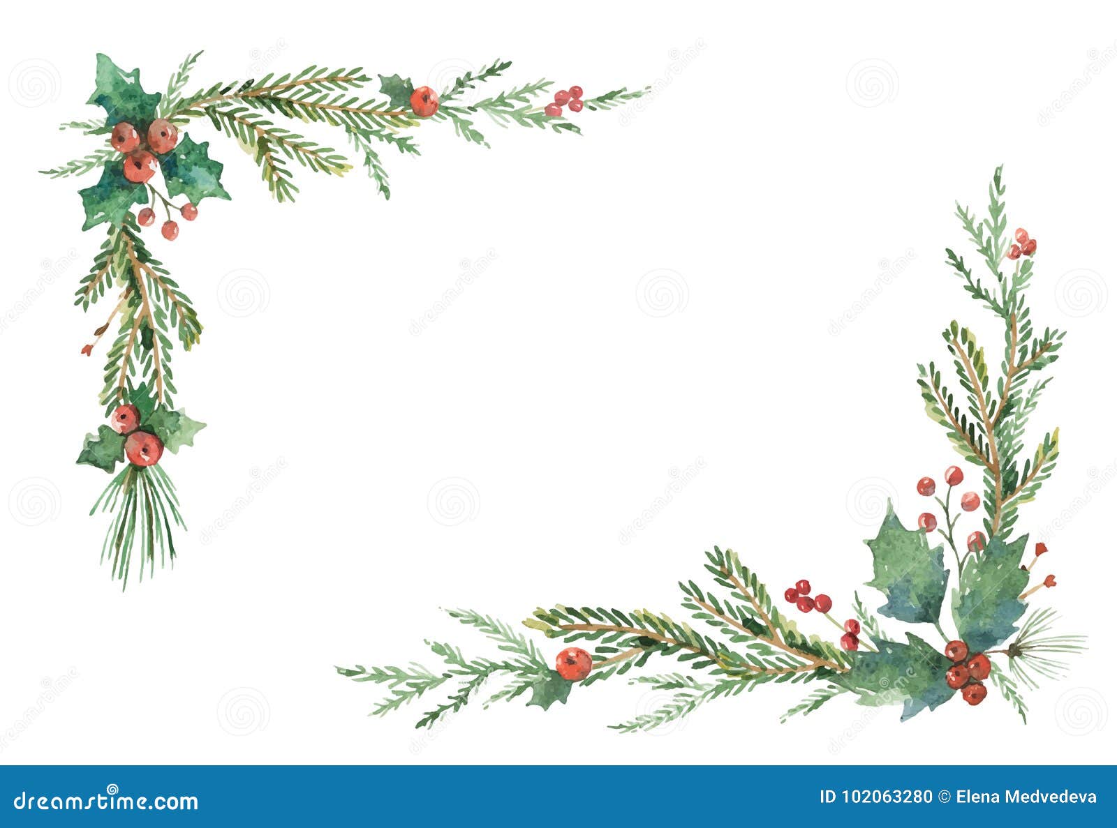 Watercolor vector Christmas set with evergreen coniferous tree