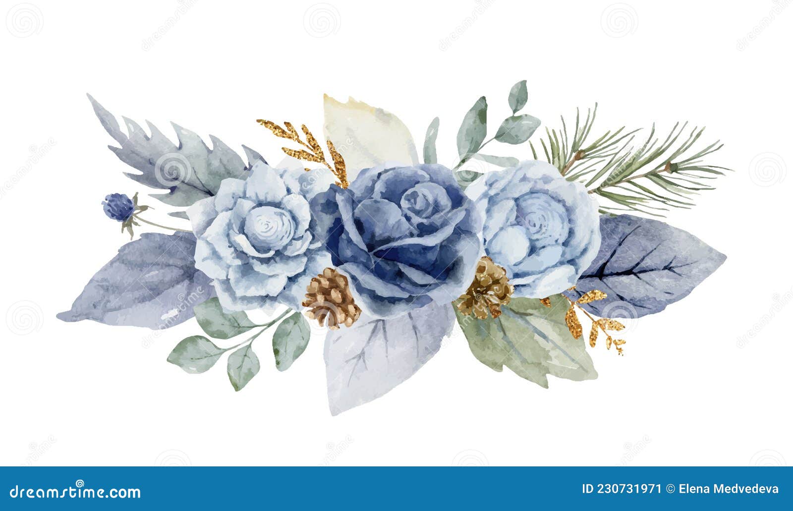 A Watercolor Vector Winter Bouquet with Dusty Blue Flowers and Branches
