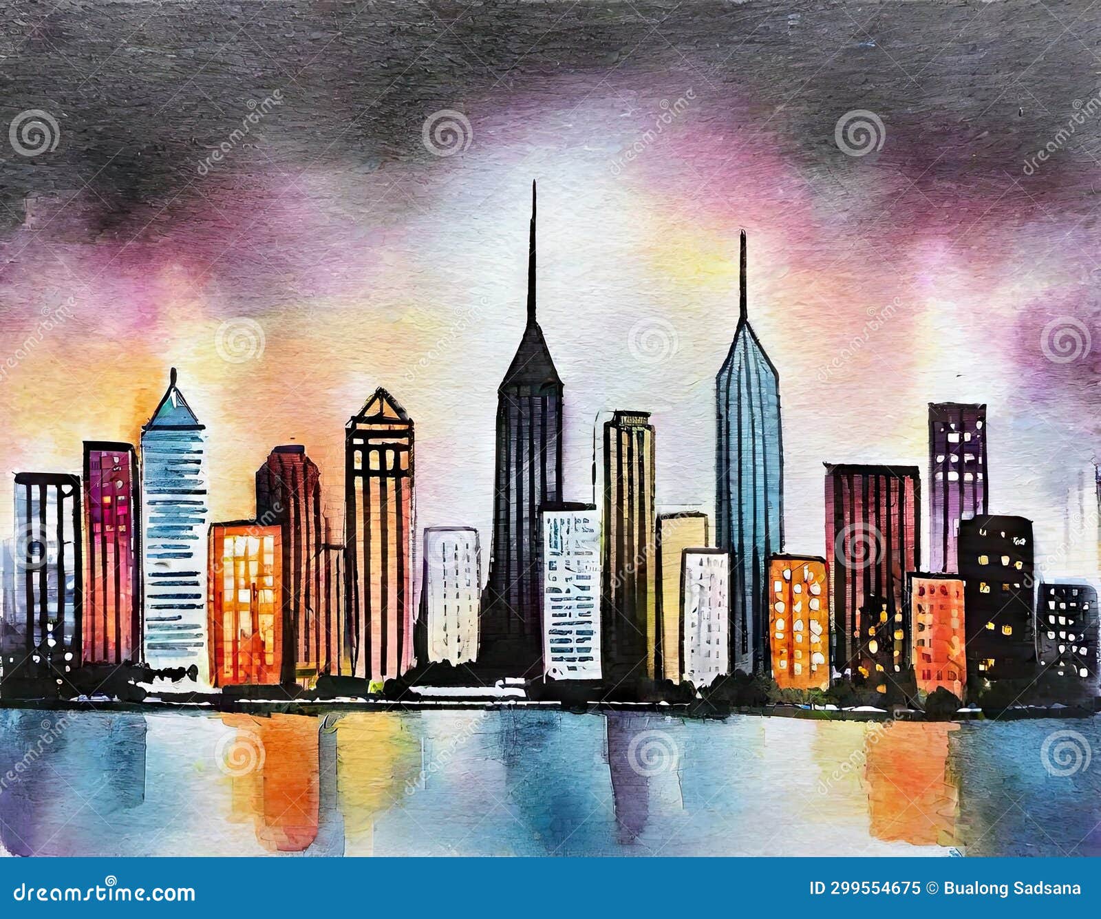 Watercolor of Very Cool Modern City Night View Stock Illustration ...