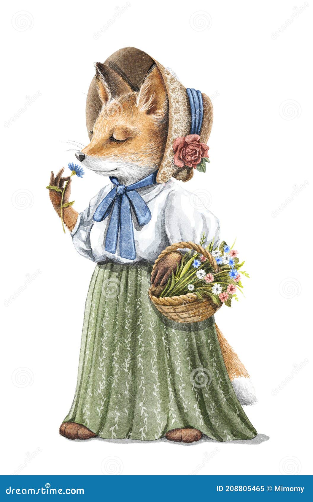 watercolor vintage cartoon redhead fox in dress holding floral basket and sniffs flower