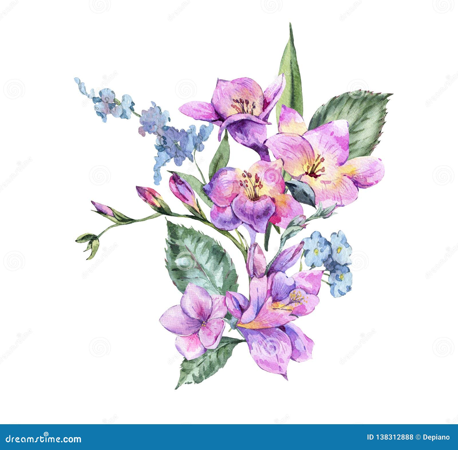 Download Watercolor Vintage Floral Bouquet Of Blooming Freesia And ...