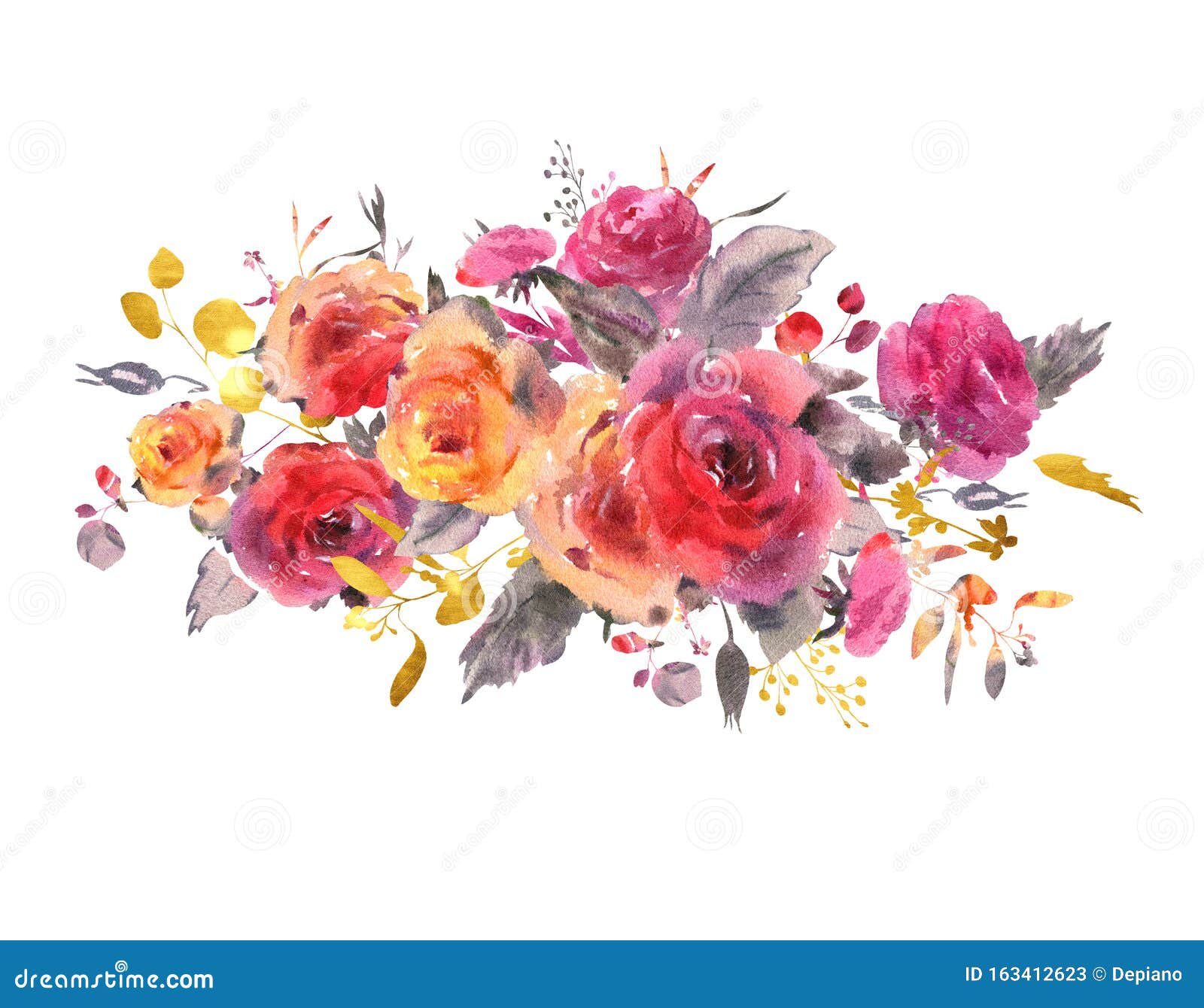 Watercolor winter floral elements on white background. Vintage