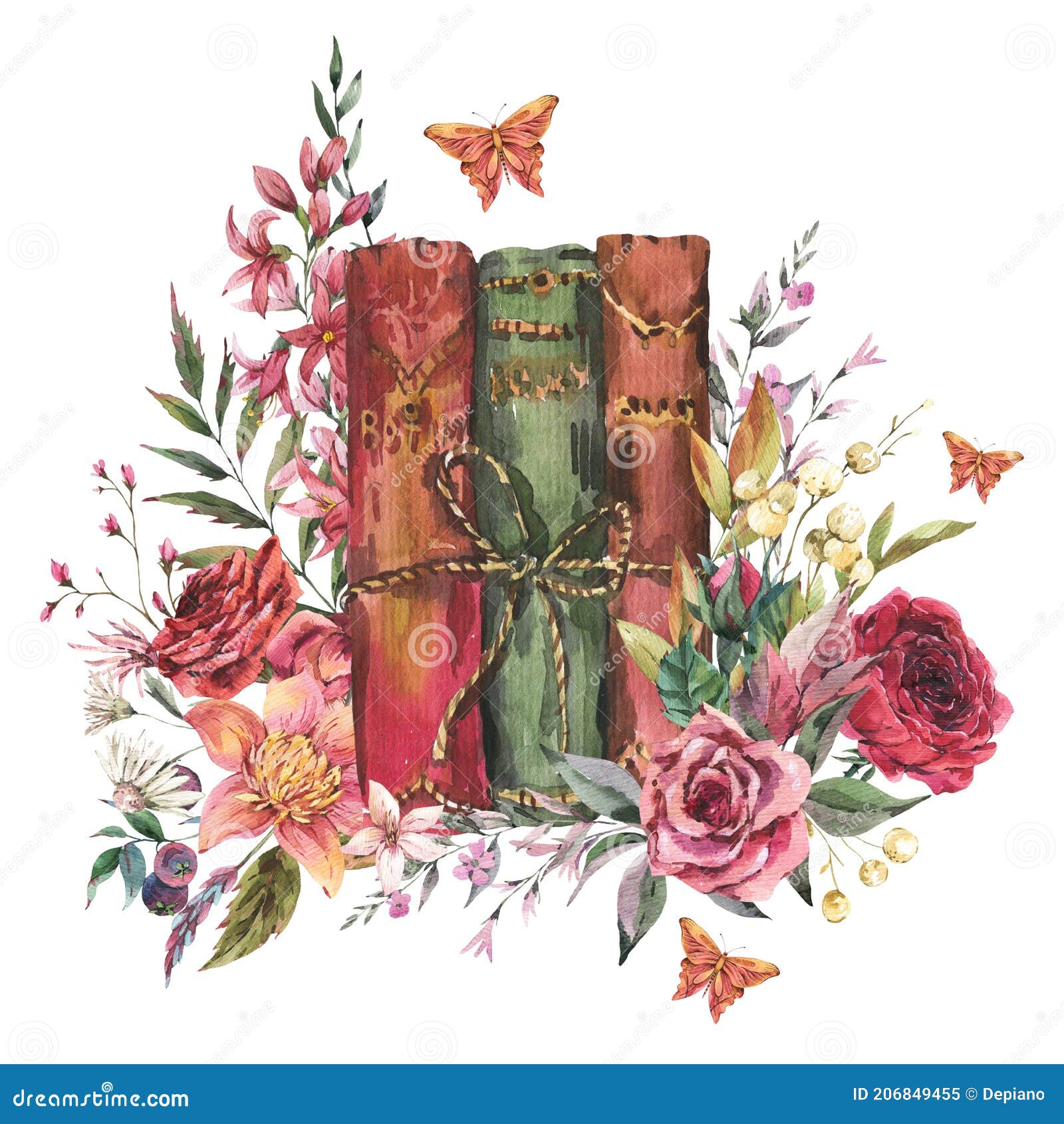 watercolor vintage old books with flowers. natural greeting card. dark academia floral 