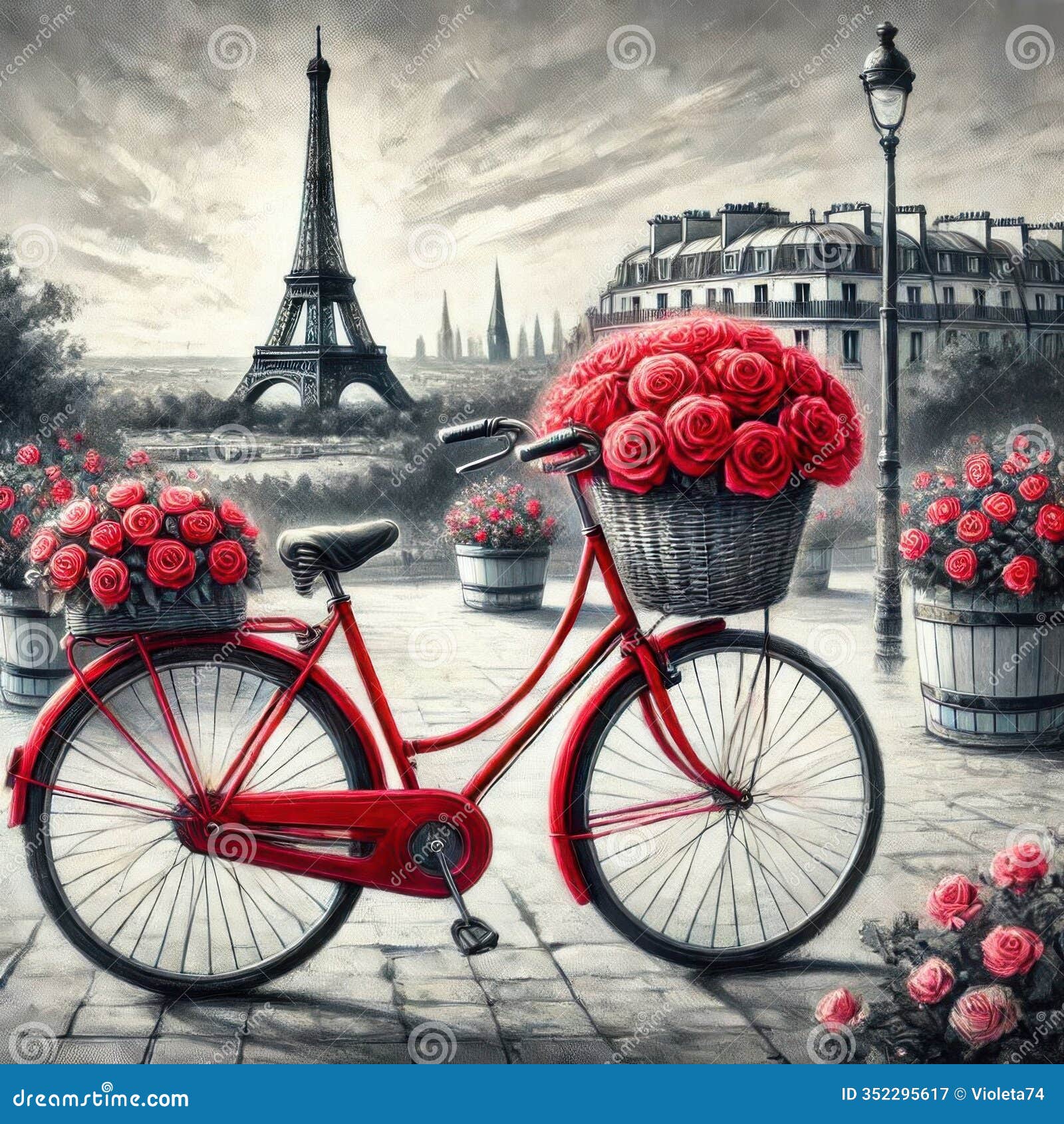 watercolor vintage red bicycle with red roses basket in paris and eiffel tower, valentine romantic scene