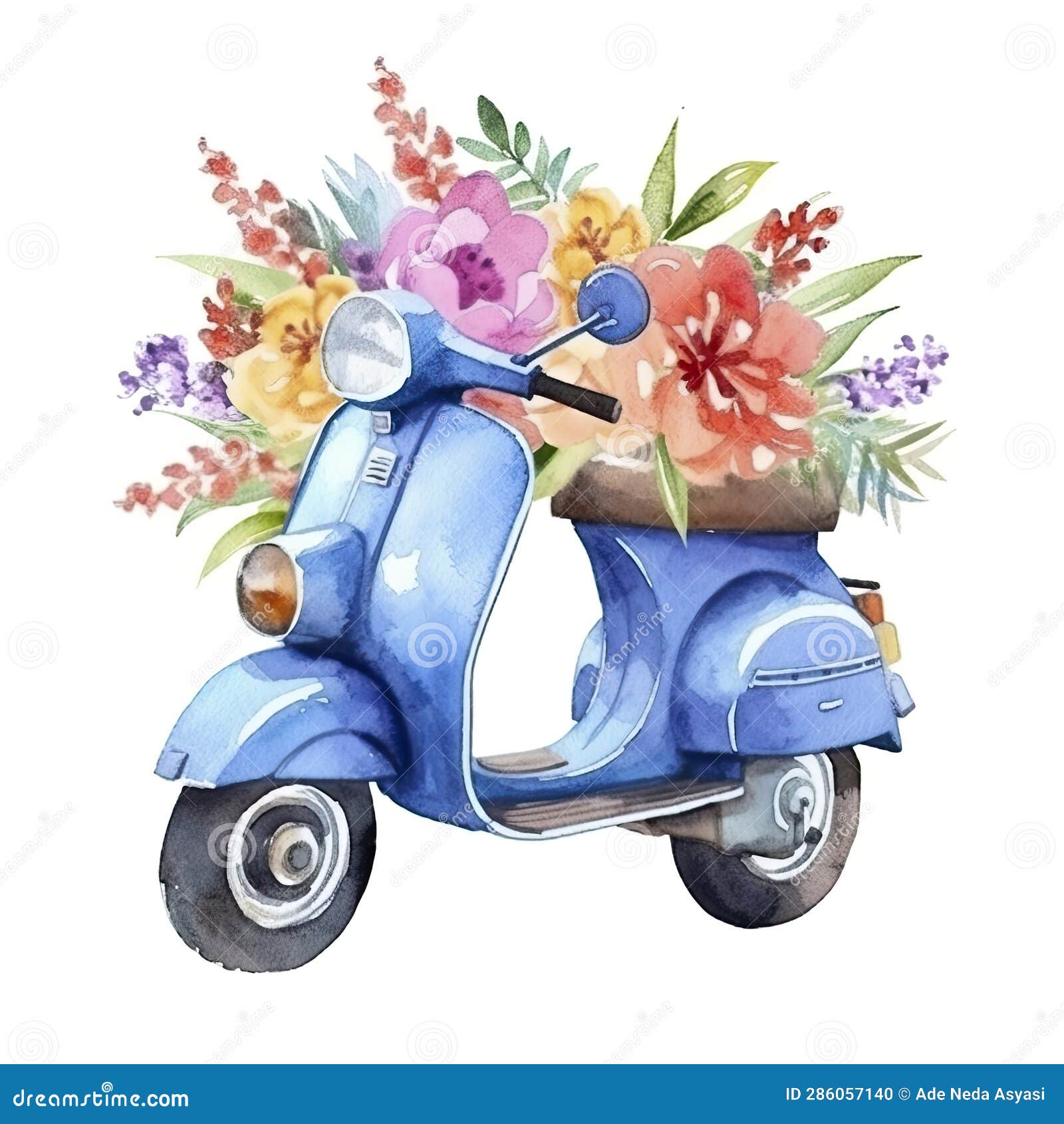 Vespa style pink scooter with flowers in the trunk. Watercolor vector Stock  Vector