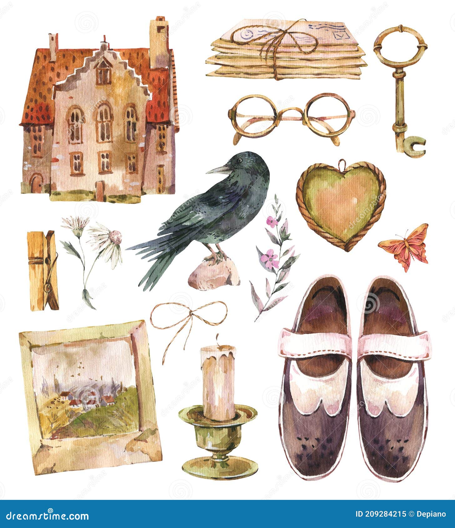 watercolor vintage set, house watercolor, dark academia