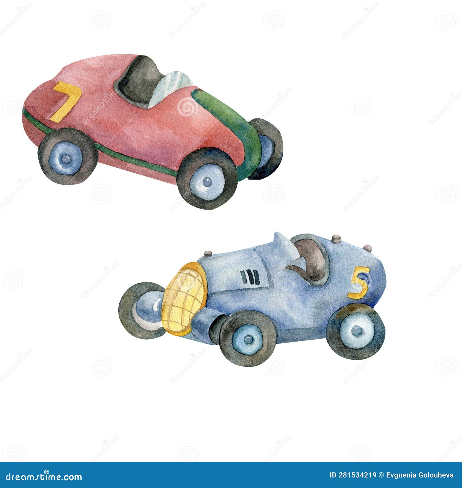 watercolor vintage sport cars set: blue and red retro cars on white background
