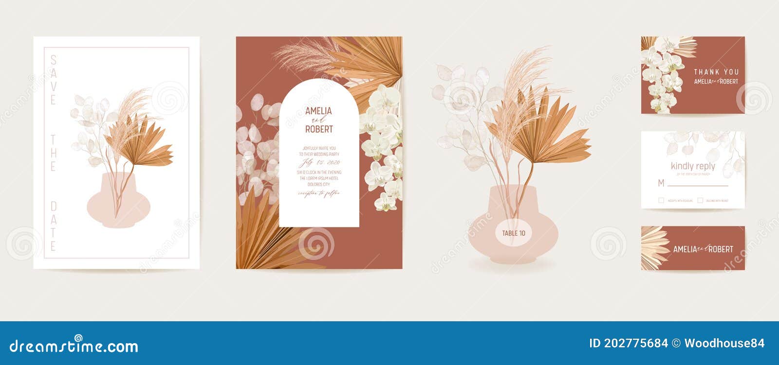 watercolor wedding dried lunaria, orchid, pampas grass floral invitation.  exotic dry flowers, palm leaves