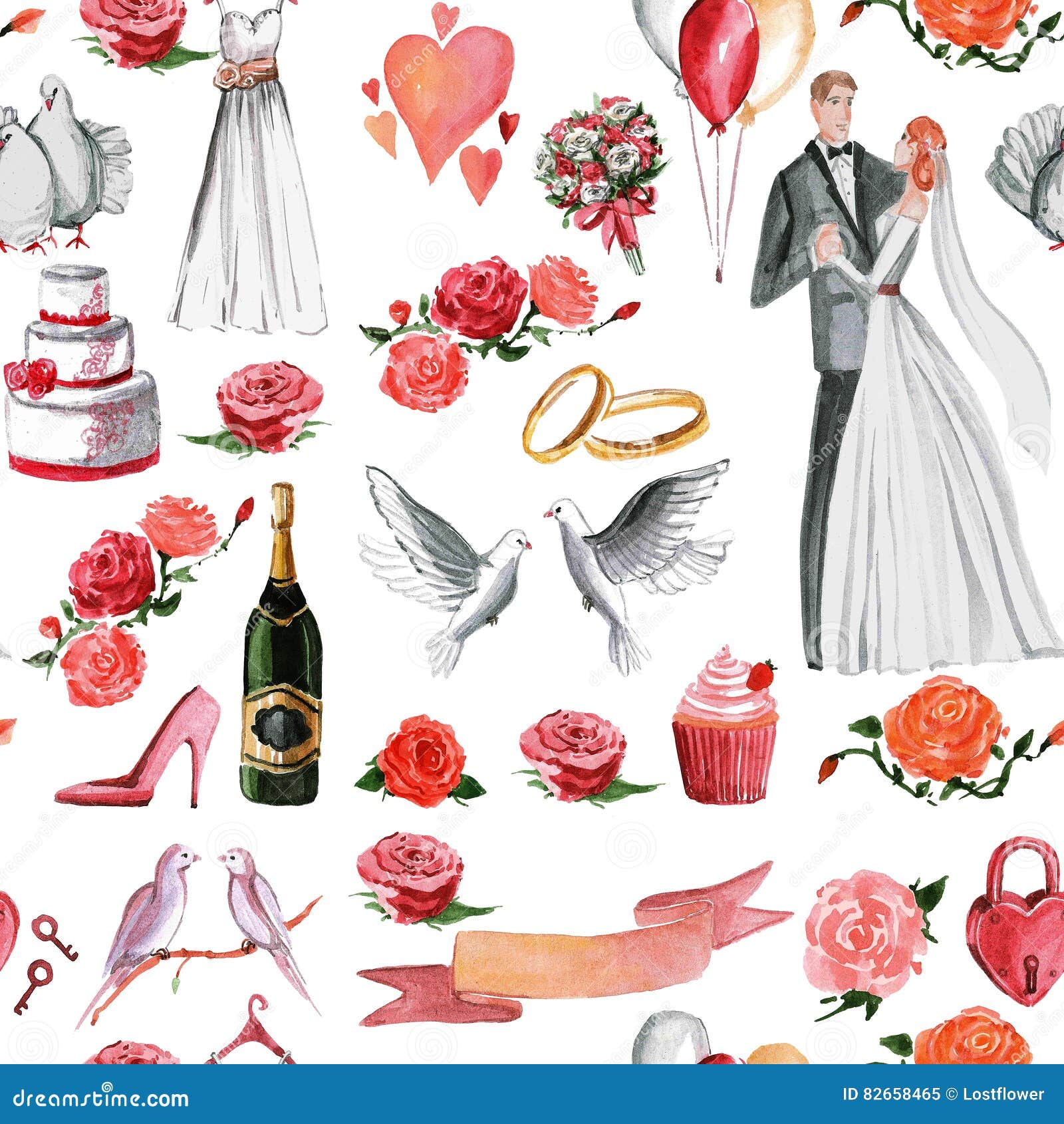 Watercolor Wedding Pattern Groom, Bride, Hearts, Invitation Stock ...