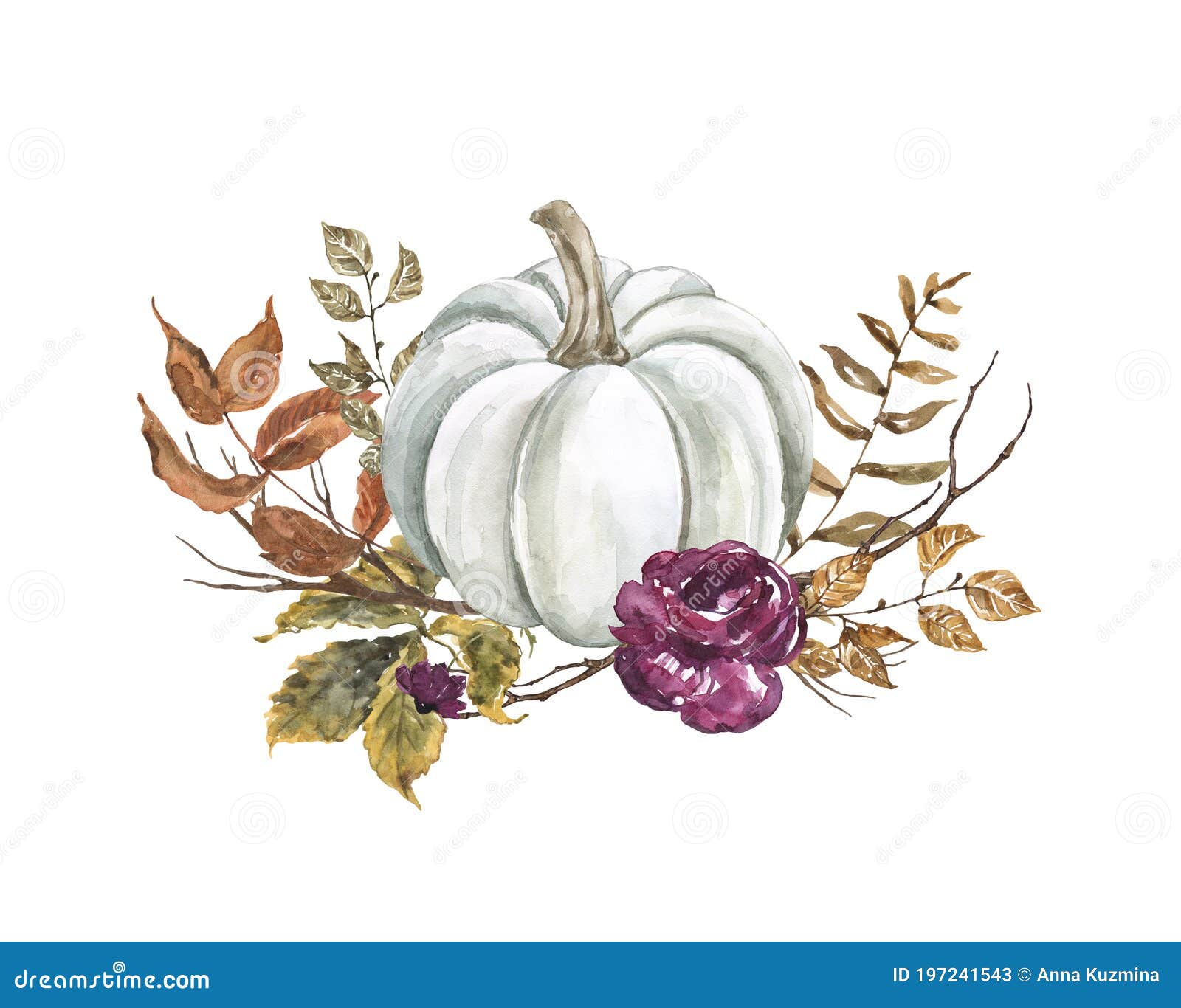 watercolor white pumpkin and fall leaves . floral autumn arrangement, 