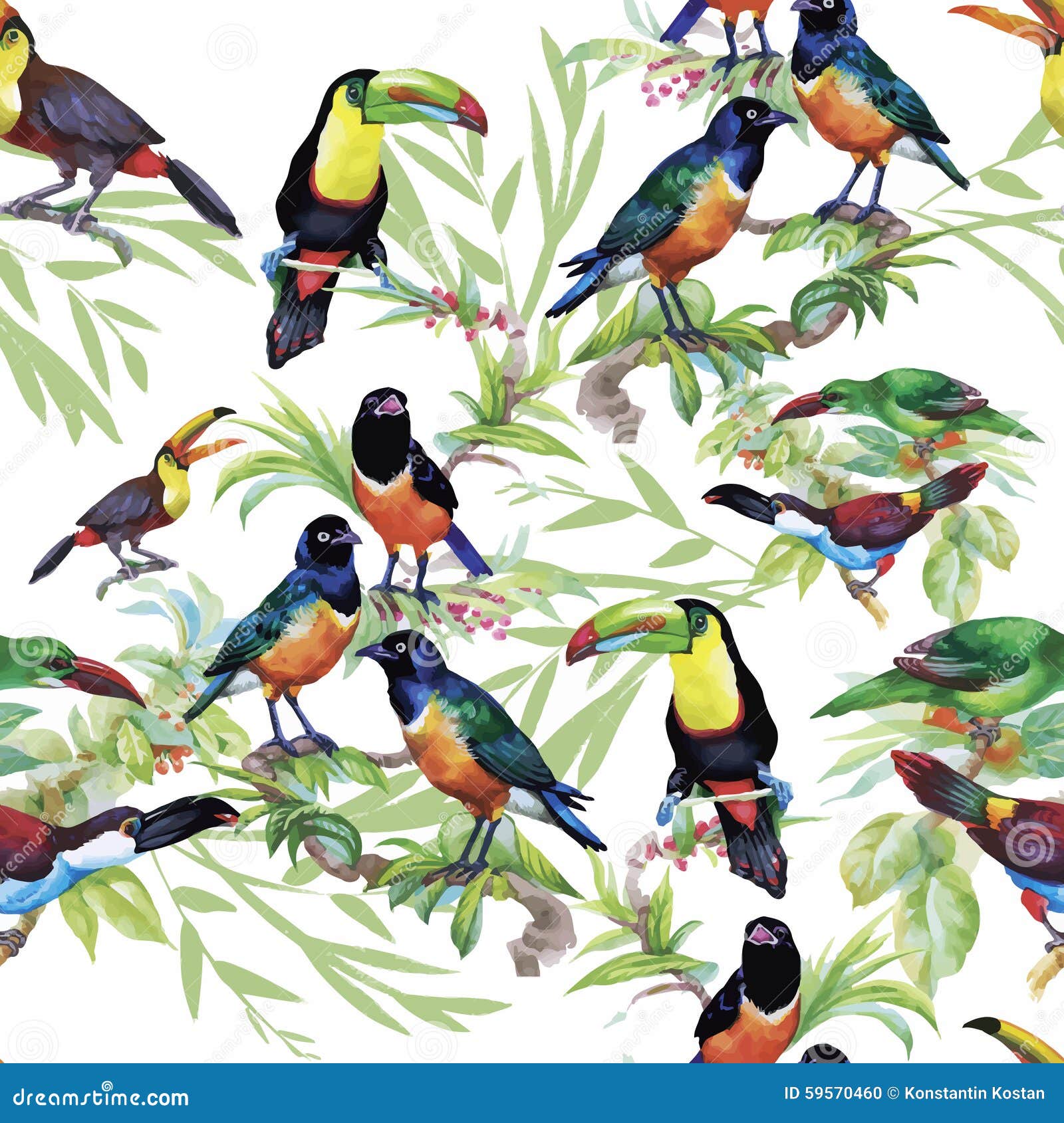 Watercolor Wild Exotic Birds on Flowers Seamless Pattern on White ...