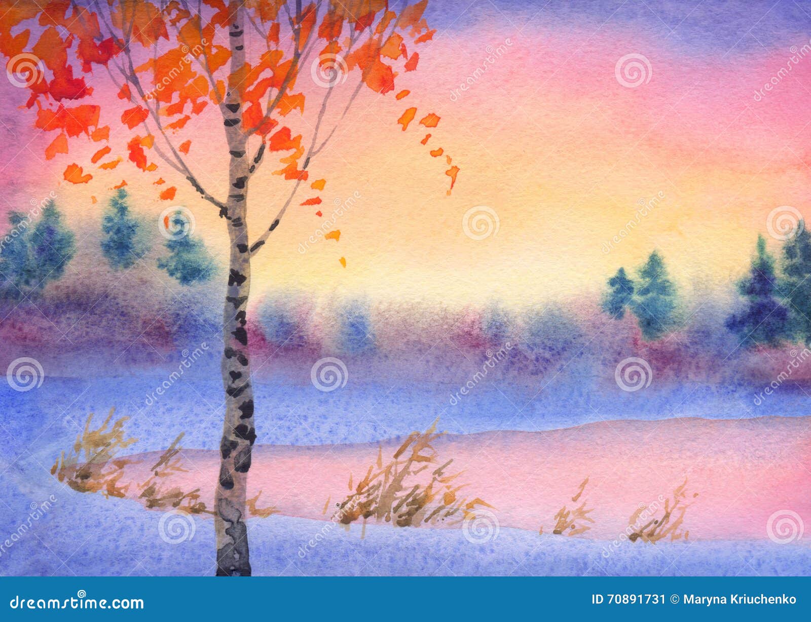 Watercolor Winter Landscape Evening Sky Over Lake Stock Illustration Illustration Of Pond Cloud