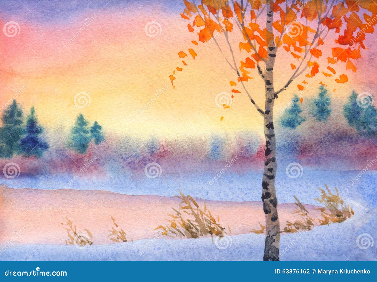 Watercolor Winter Landscape Evening Sky Over Lake Stock Illustration Illustration Of Lake Bush