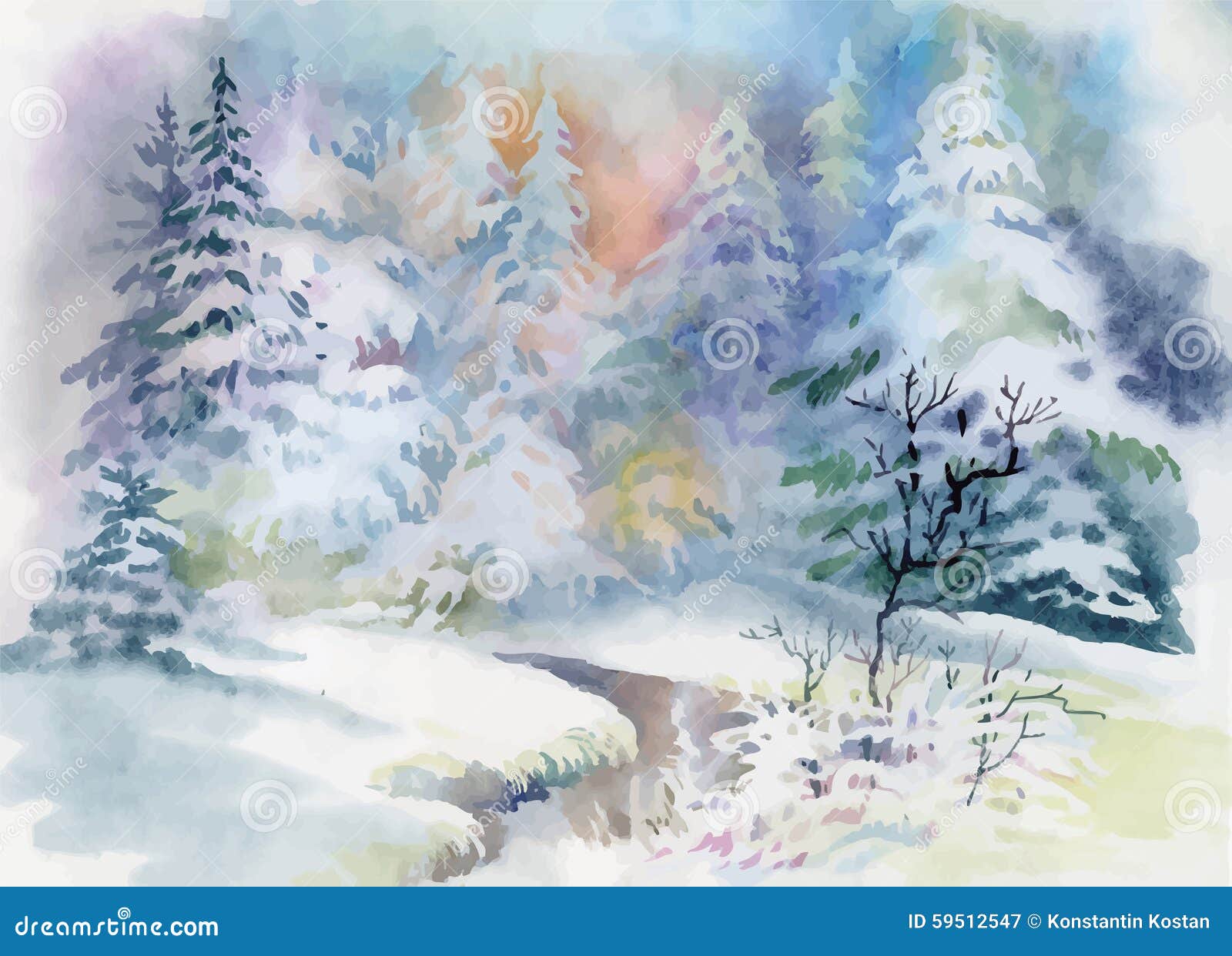 Watercolor Winter Landscape With Mountain Cabin Royalty-Free Stock ...