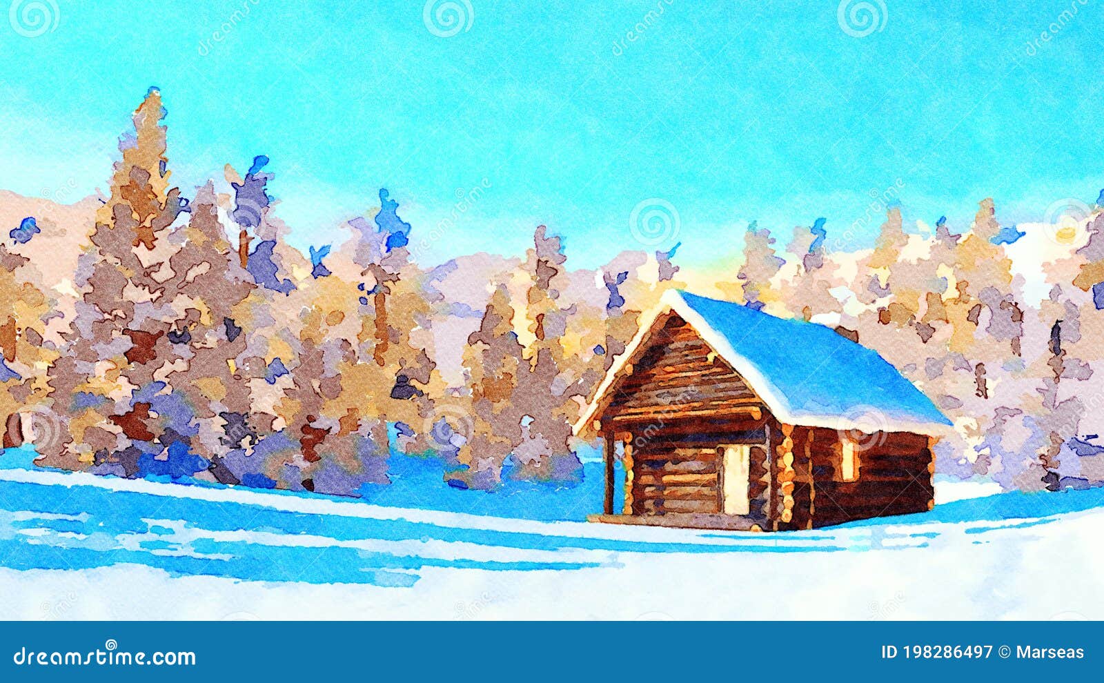 Watercolor Landscape Fall Cabin