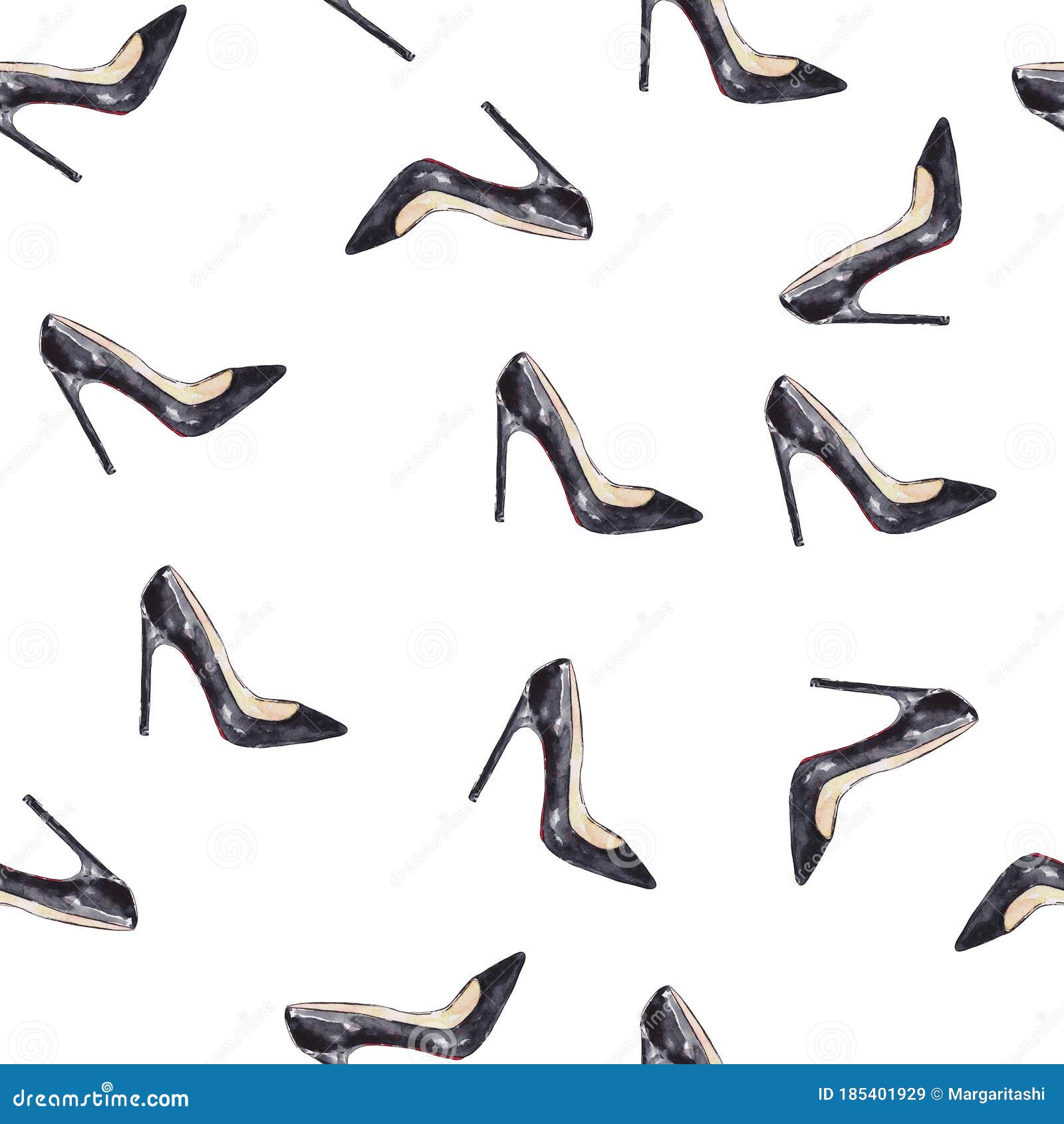 watercolor women`s shoes  on white background. handwork draw of garments. hello my style. seamless pattern