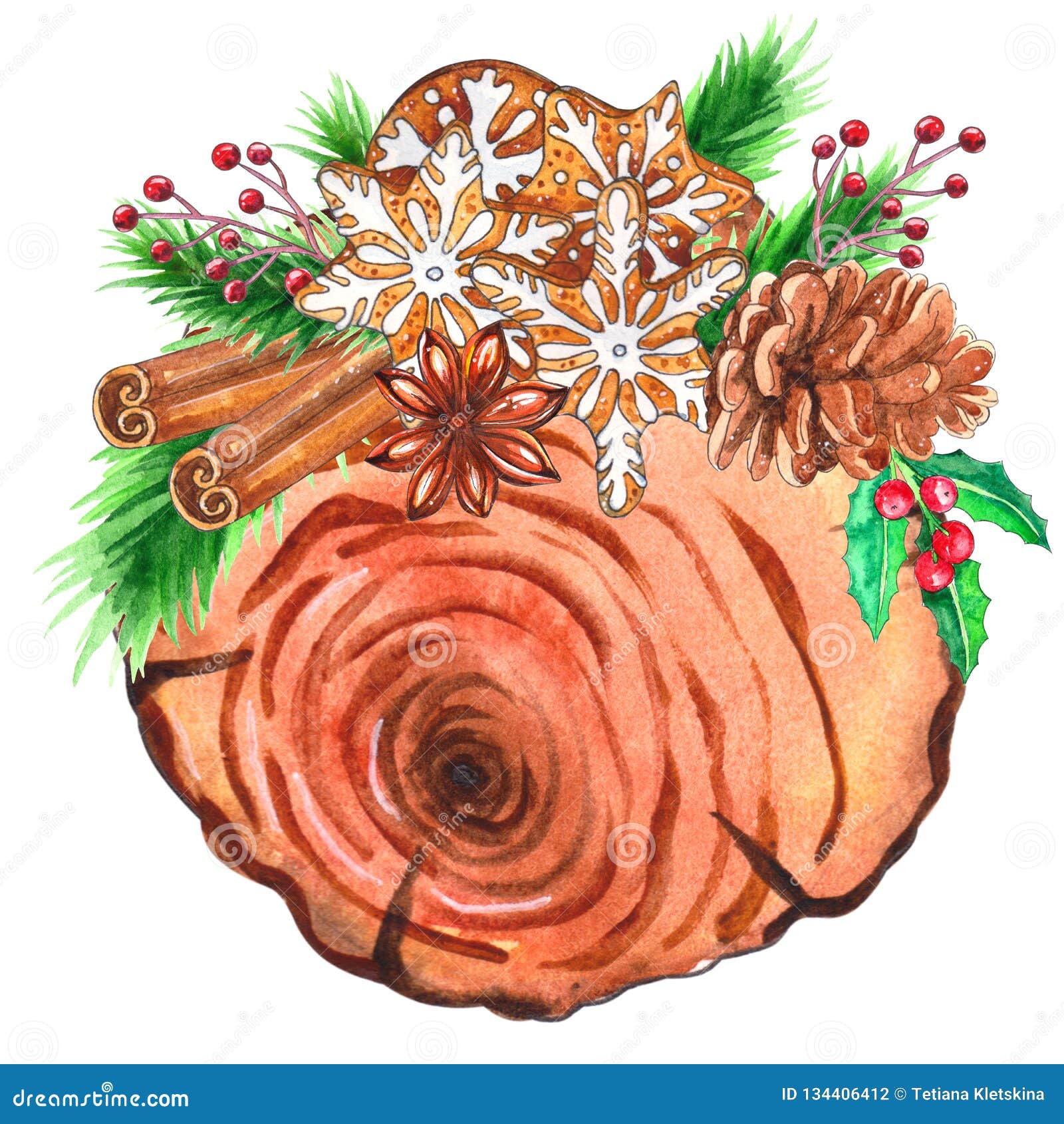 Watercolor Wood Slices with Christmas Decor Stock Illustration ...
