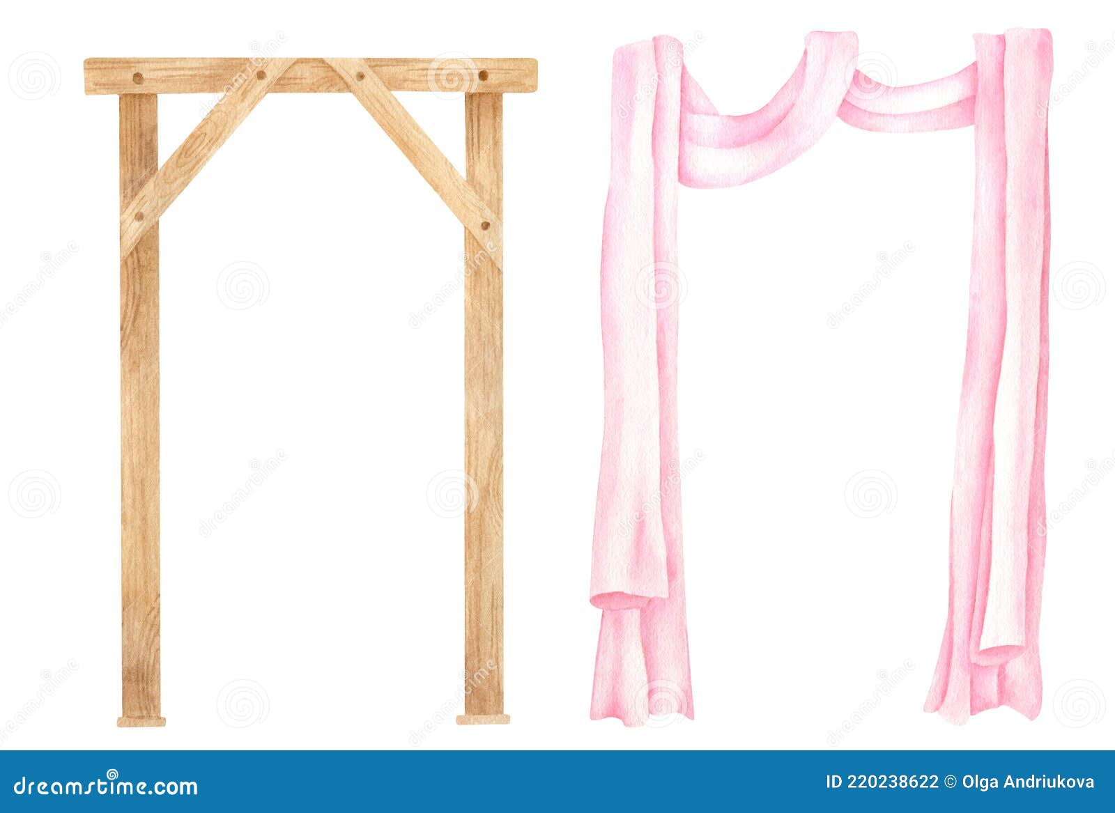 Watercolor Wooden Square Arch with Pink Curtain. Hand Drawn Wedding