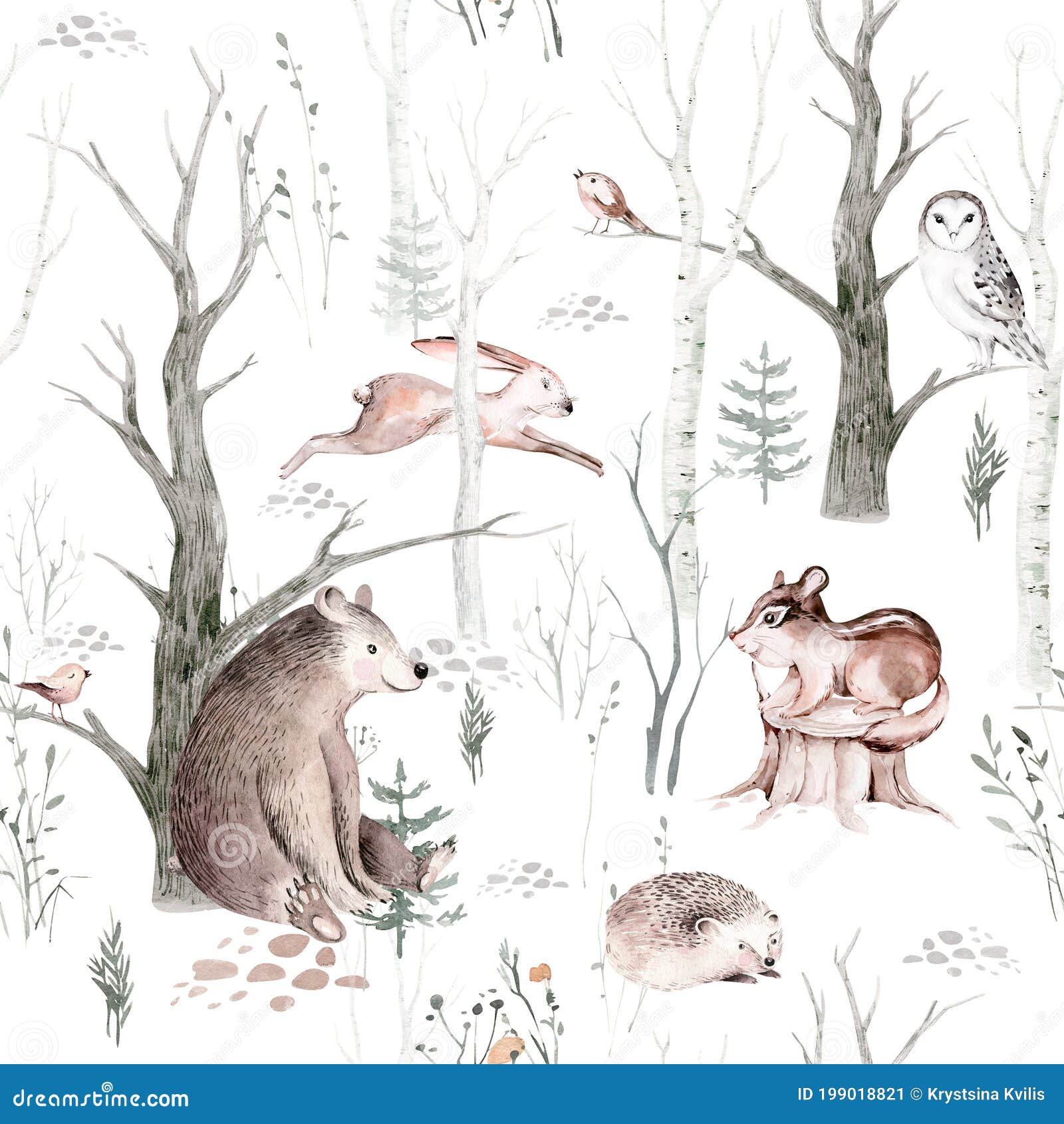 watercolor woodland animal scandinavian seamless pattern. fabric wallpaper background with owl, hedgehog, fox and