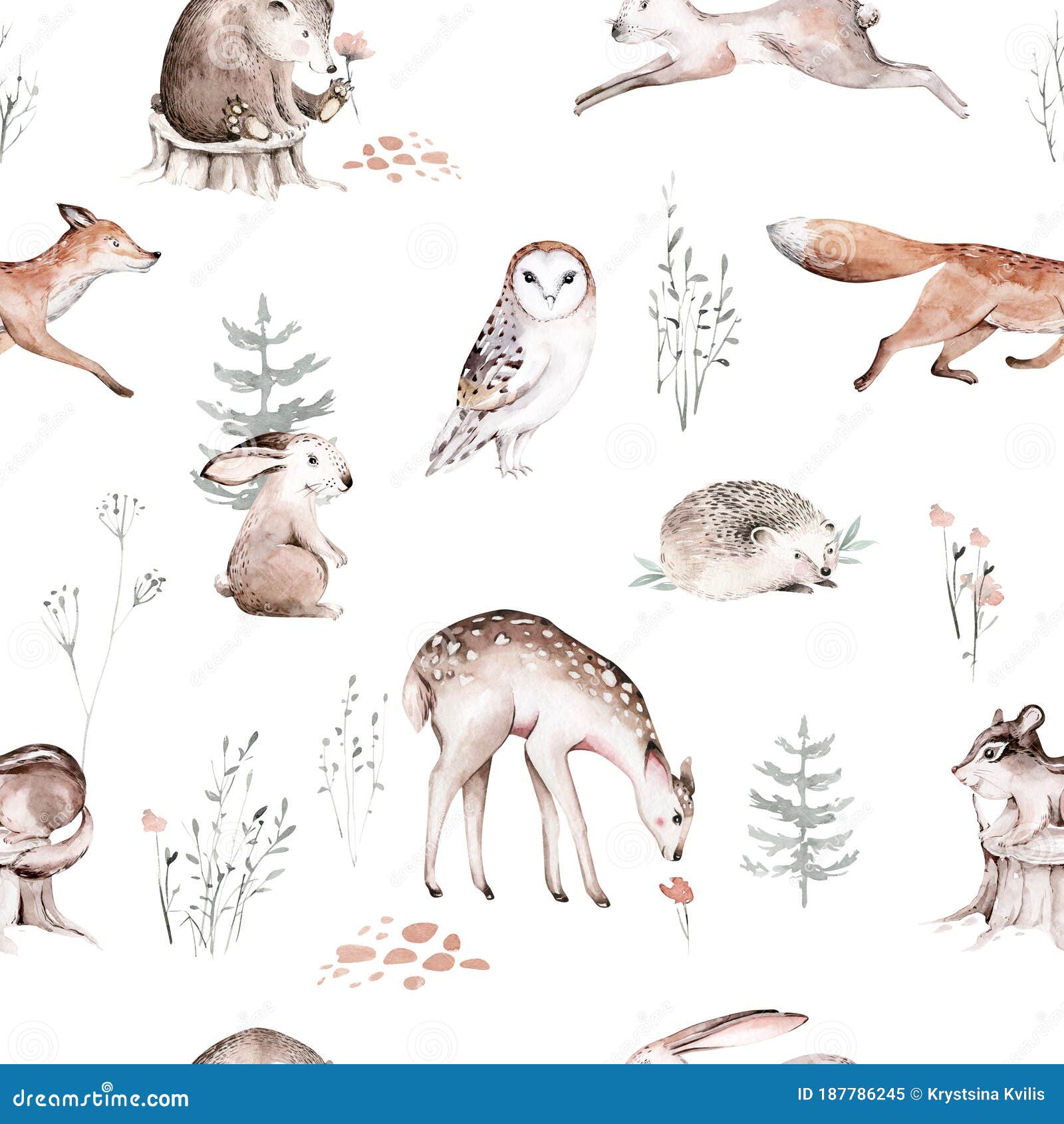 watercolor woodland animal scandinavian seamless pattern. fabric wallpaper background with owl, hedgehog, fox and