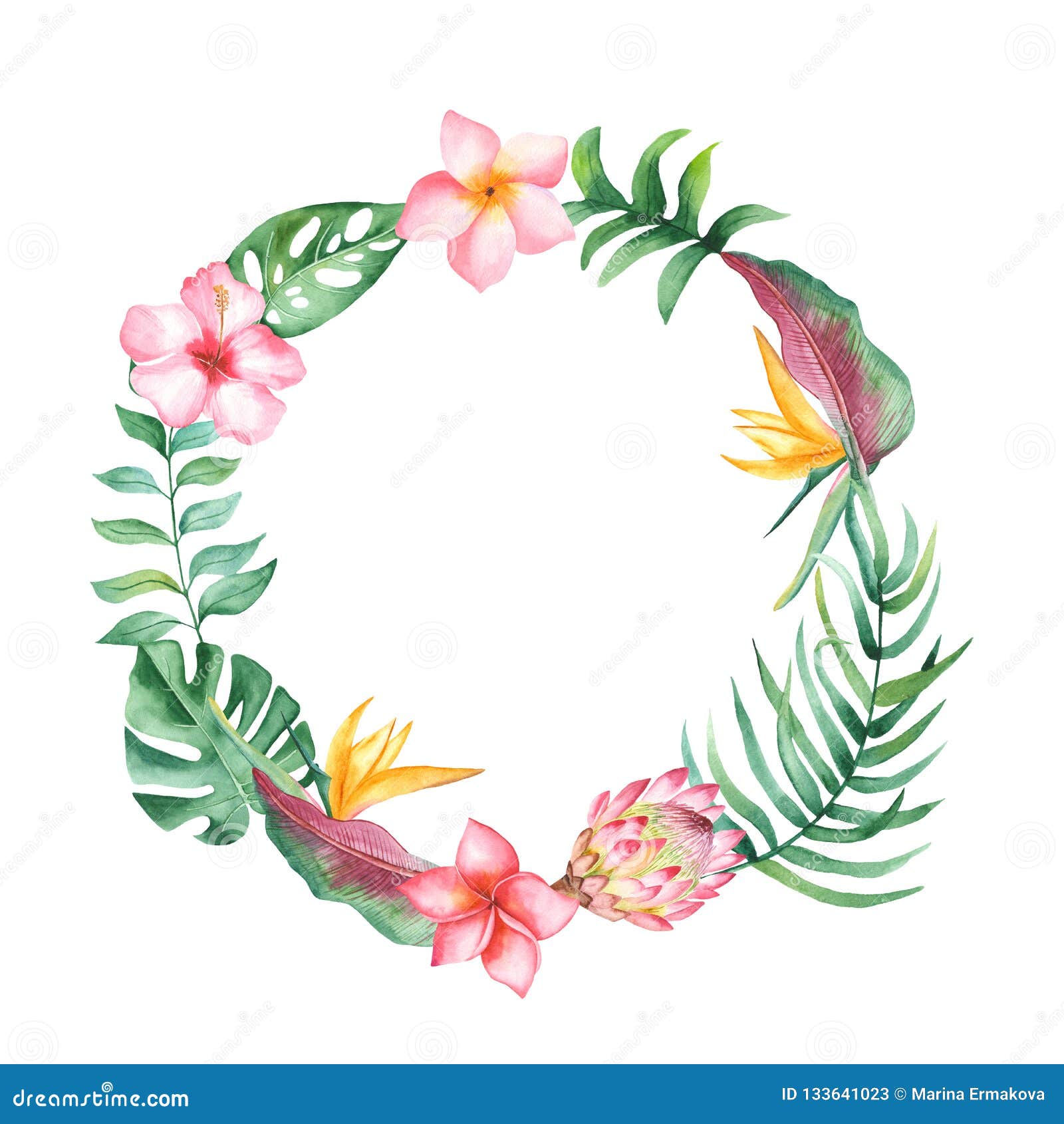 Watercolor Wreath with Tropical Leaves and Flowers, Watercolor Stains ...