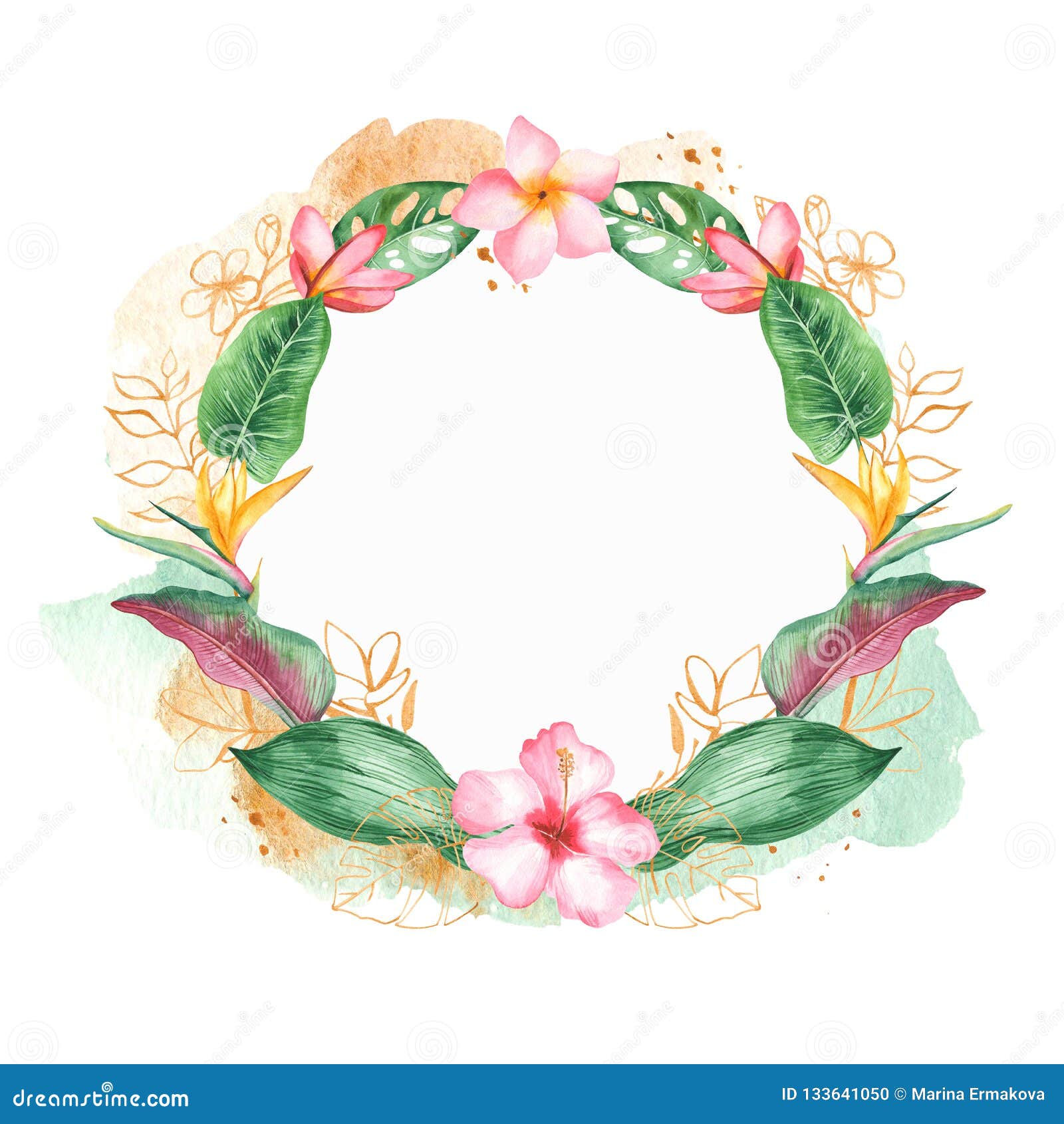 Watercolor Wreath with Tropical Leaves and Flowers, Watercolor Stains ...